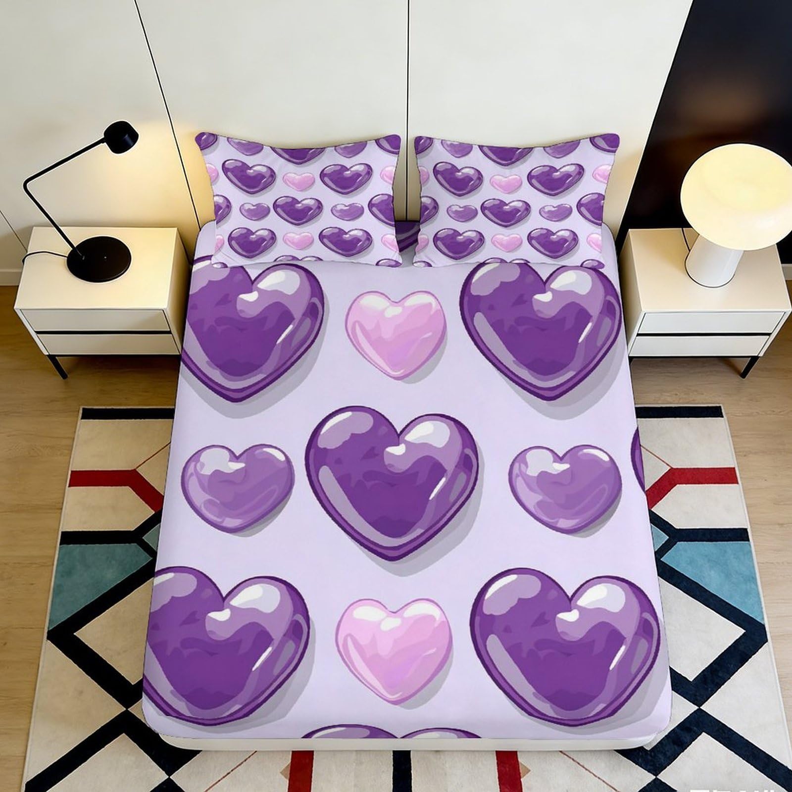 3D Printed Purple Heart Fitted Sheet Microfiber Bedroom Decor Pink Heart Mattress Cover for Adult Teen Guest Room 90x200x25cm