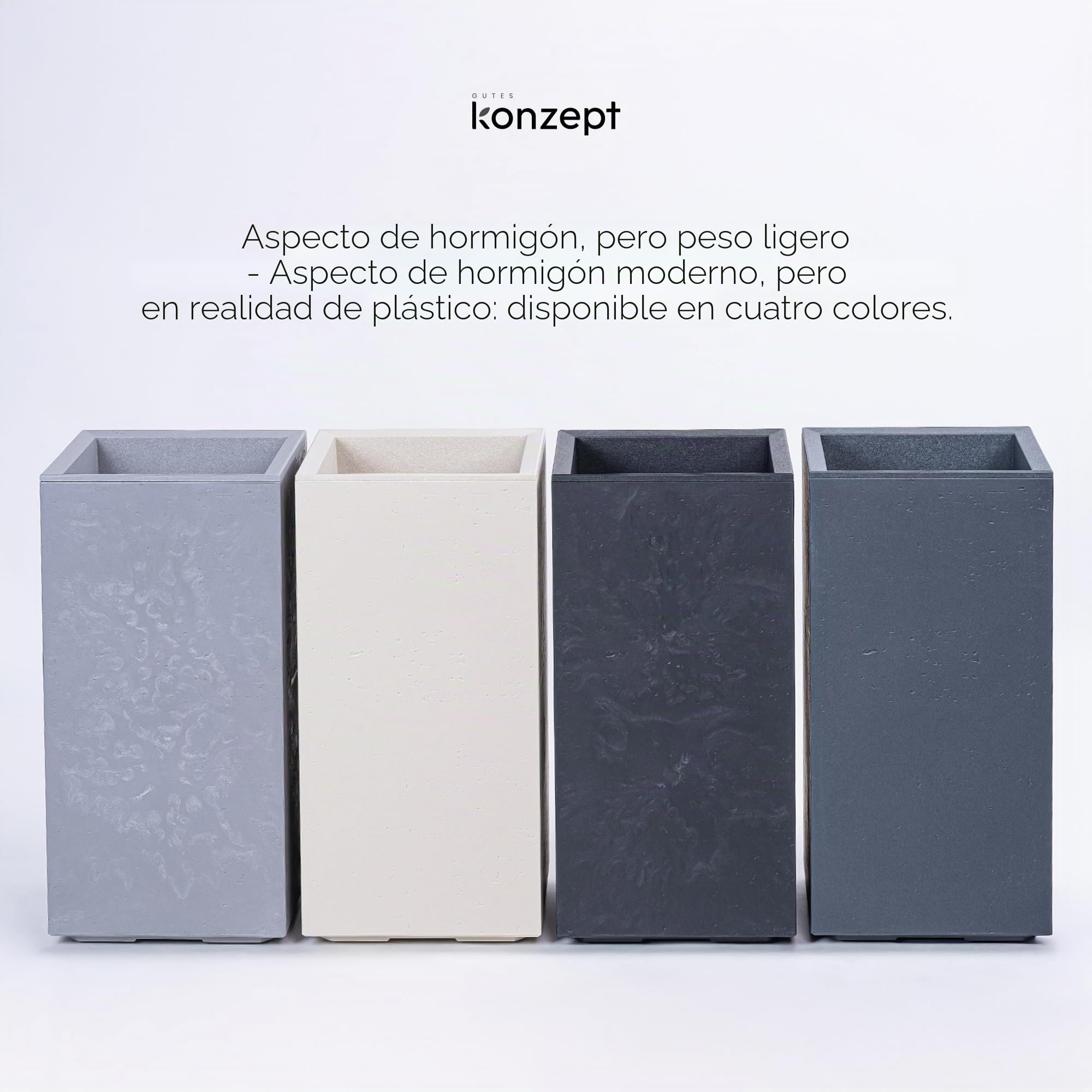 KONZEPT Macetero grande alto de hormigón con ruedas y drenaje, 28,6 x 28,6 x 59,4 cm, para interior y exterior, color gris