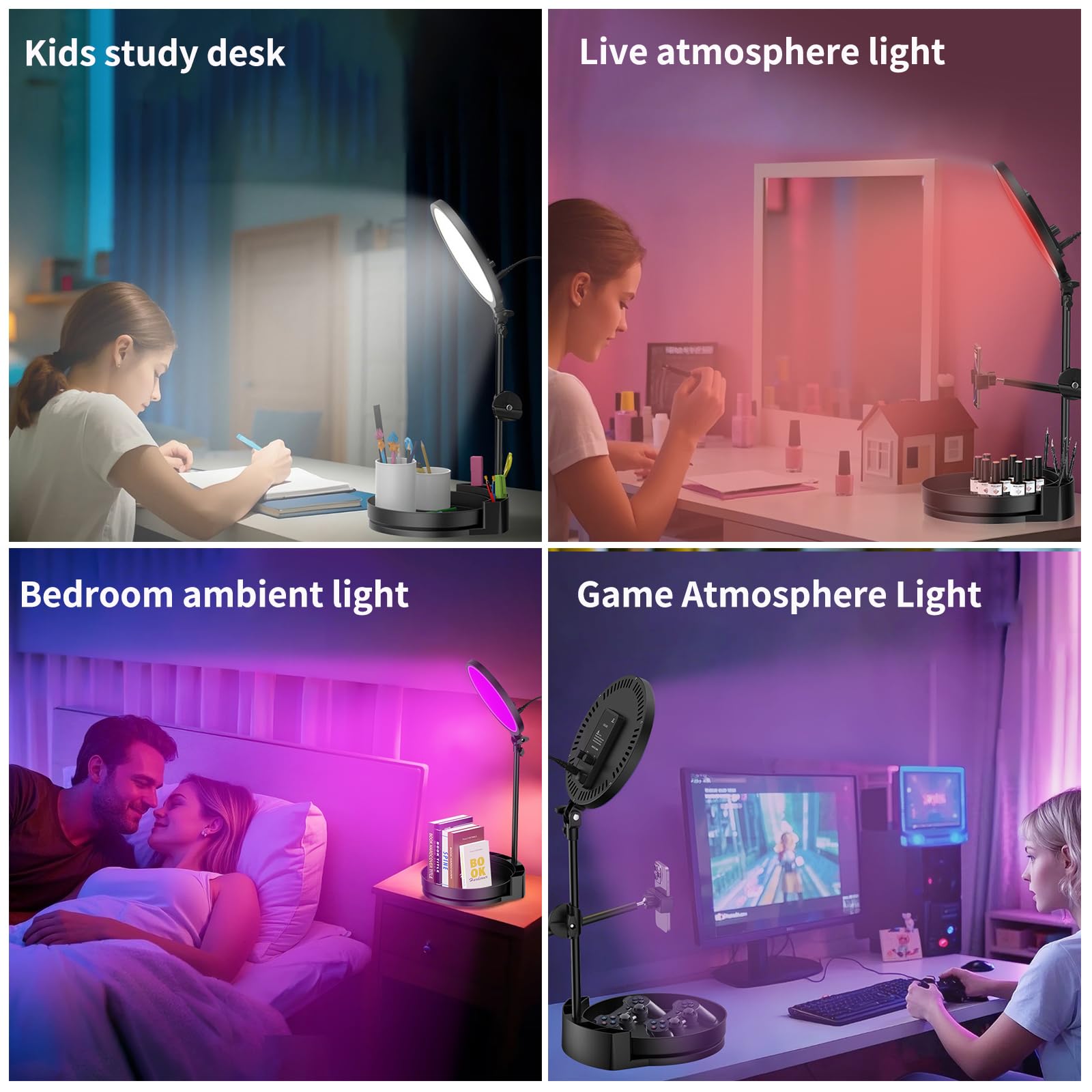 Kit di luci per selfie per scrivania e laptop, 55 W, dimmerabile, luce ad anello a schermo intero, con scatola girevole, portapenne, supporto per telefono e controller (nero-GB, 10,5)