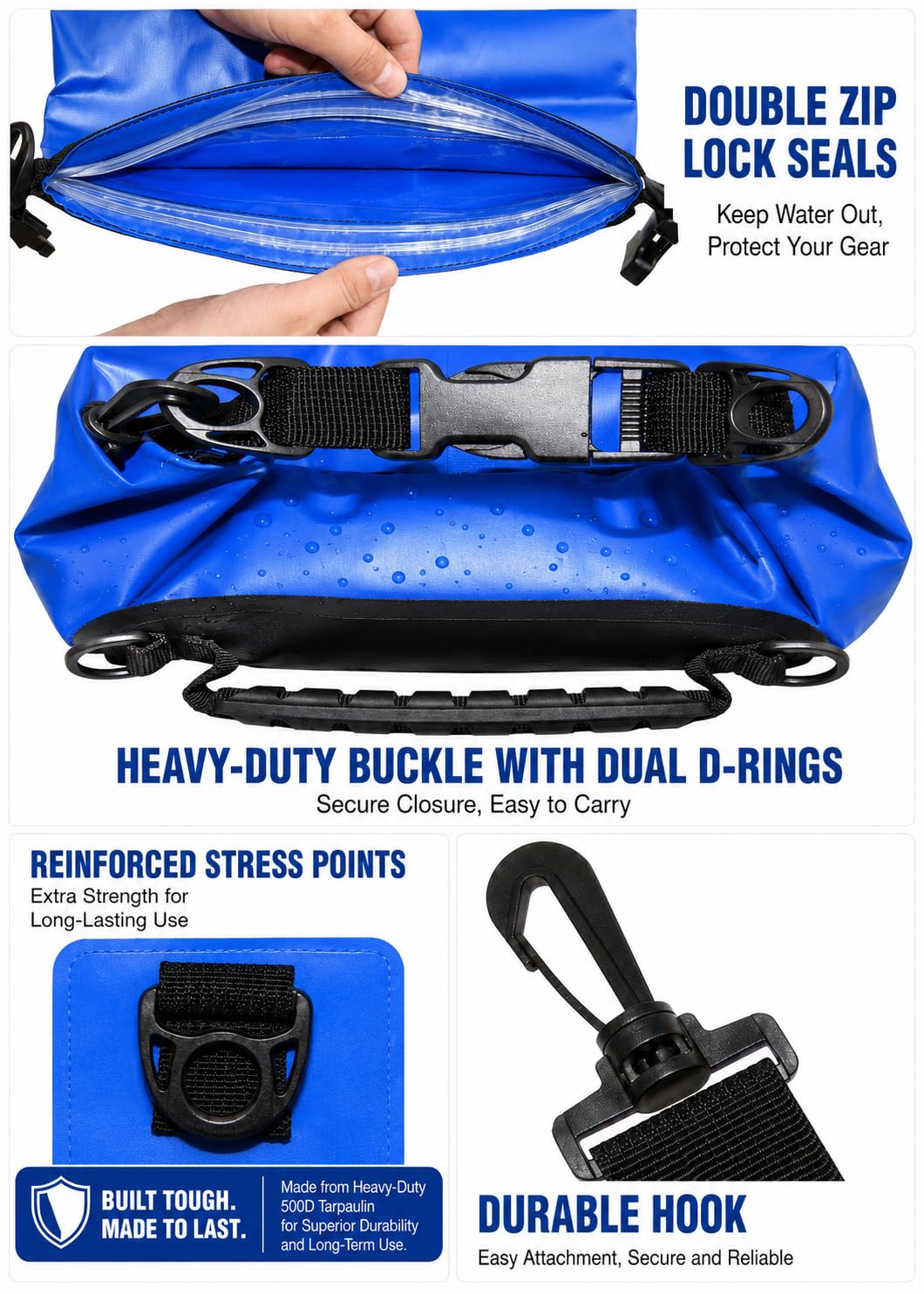 Set de 3 Sacos Secos a Prueba de Agua, por Freegrace – Saco Seco con 2 Sellos Ziplock y Correa Removible. Saco de Cintura y Estuche para Teléfono – Puede Ser Sumergido Bajo el Agua – Para Nadar, Montar Kayak, Montar en Bote, y Hacer Rafting
