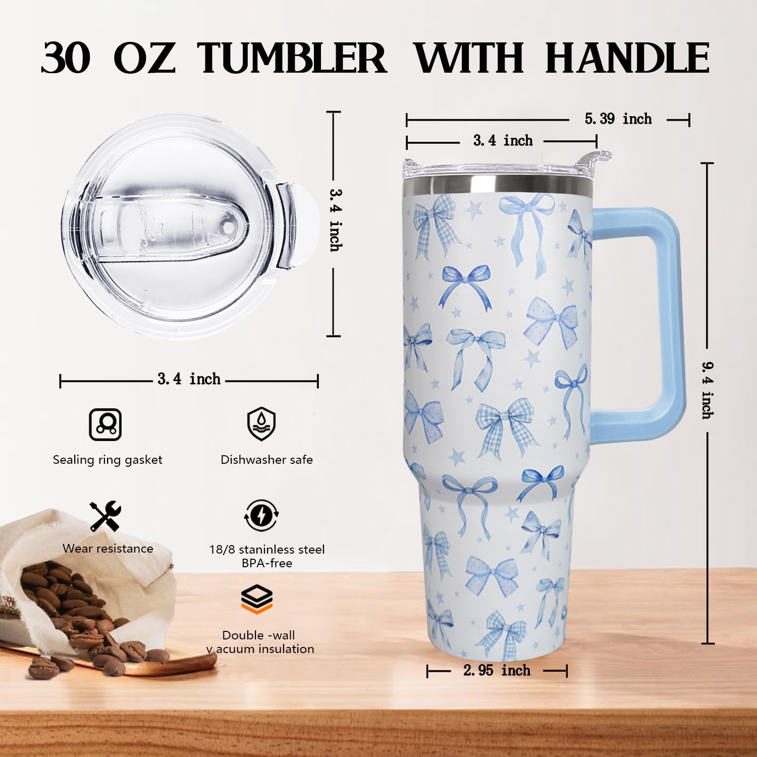 30 Oz Blue Bow Tumbler With Handle, Blue Bow Decor Coffee Travel Mug Cup Water Bottle, Gifts for Women Girls - Image 2