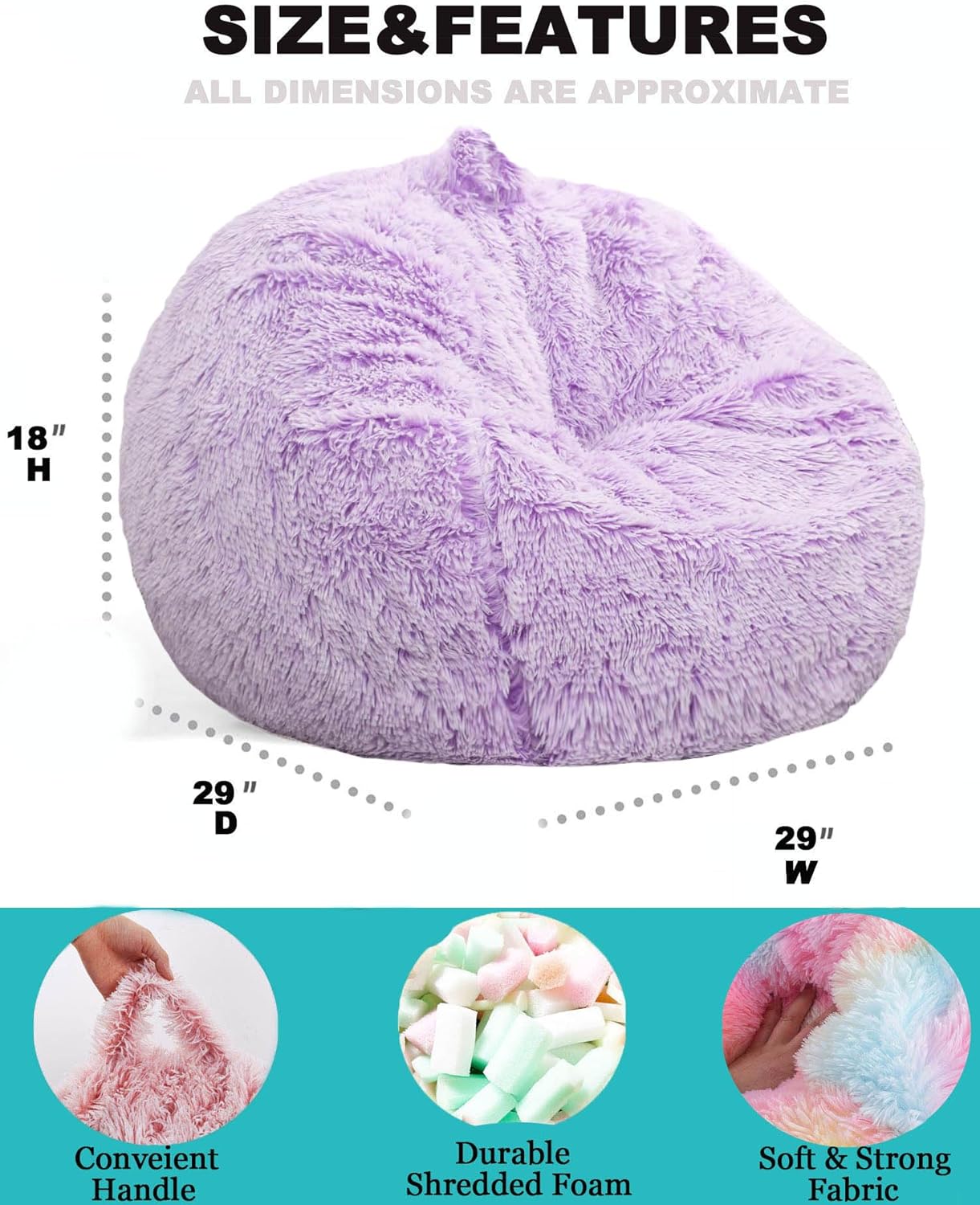 Fluffy Bean Bag Chair for Kids, 2.5FT Round Foam Filled Bean Bag for Teens & Kids, Ultra Soft Faux Fur Fabric Bean Bag Chairs for Playroom, Living Room, Bedroom, Lavender