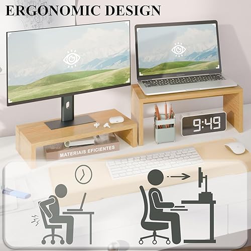 Miniatura 6 de TEAMIX Soporte extraíble para monitor, paquete de 2, soporte de monitor ajustable de madera de 2 niveles, elevador de monitor doble para 2