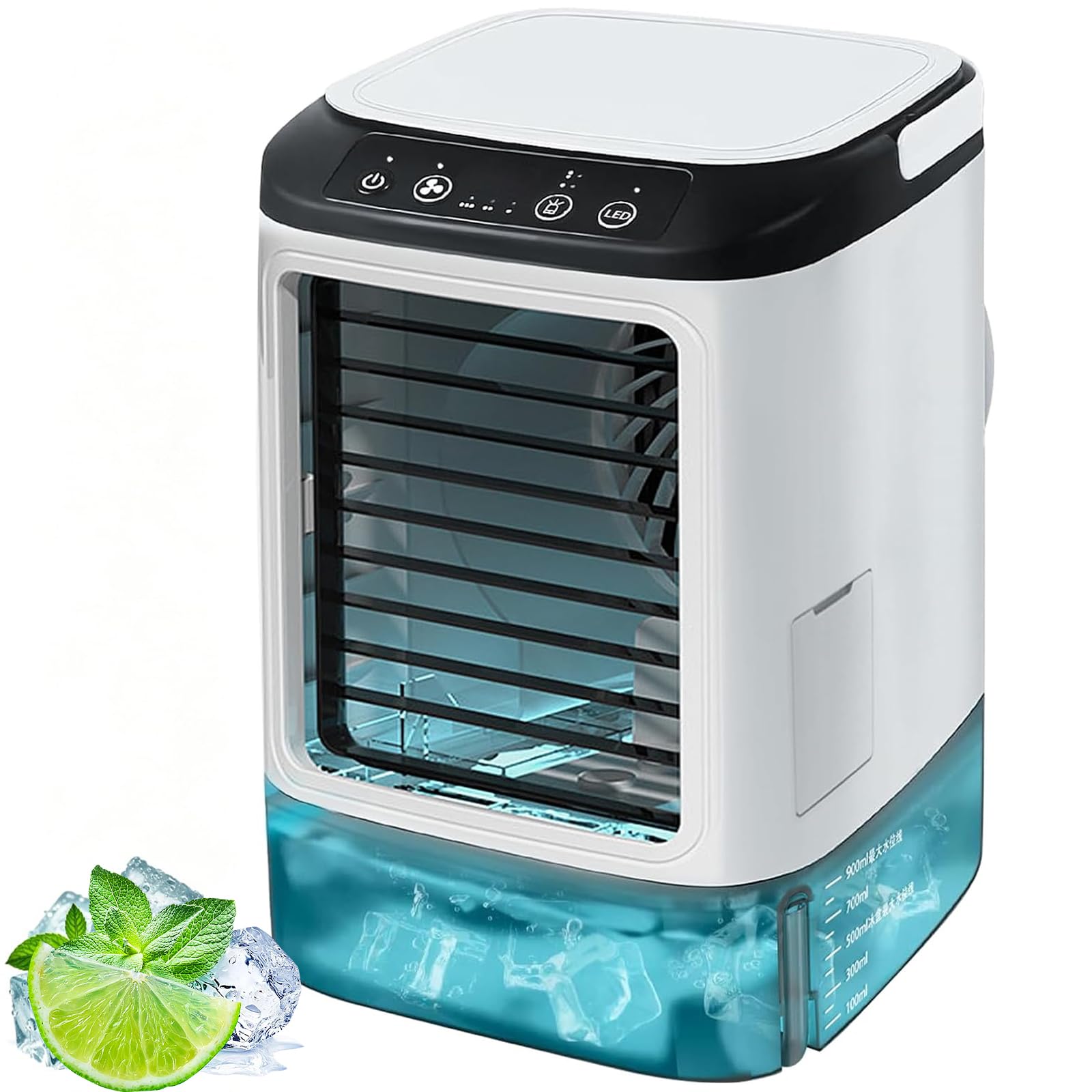 Raffrescatore d’Aria Evaporativo, Raffrescatore Portatile 3 in 1 con Serbatoio da 900ml - Doppia Nebulizzazione, Contenitore per Ghiaccio, 3 Velocità, Luce Notturna 7 Colori per Camera, Ufficio, Casa
