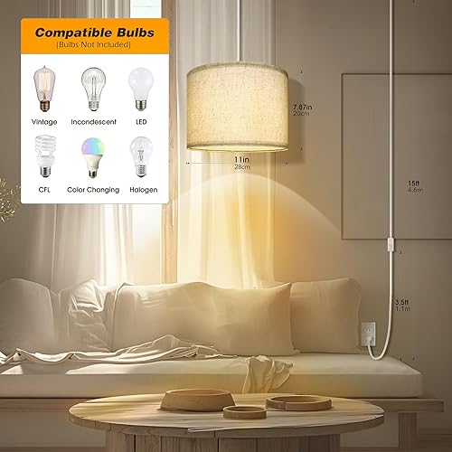Miniatura 2 de Lámpara colgante enchufable, lámpara colgante de 15 pies con cable de enchufe, interruptor de encendidoapagado, pantalla de lino beige, lámpara