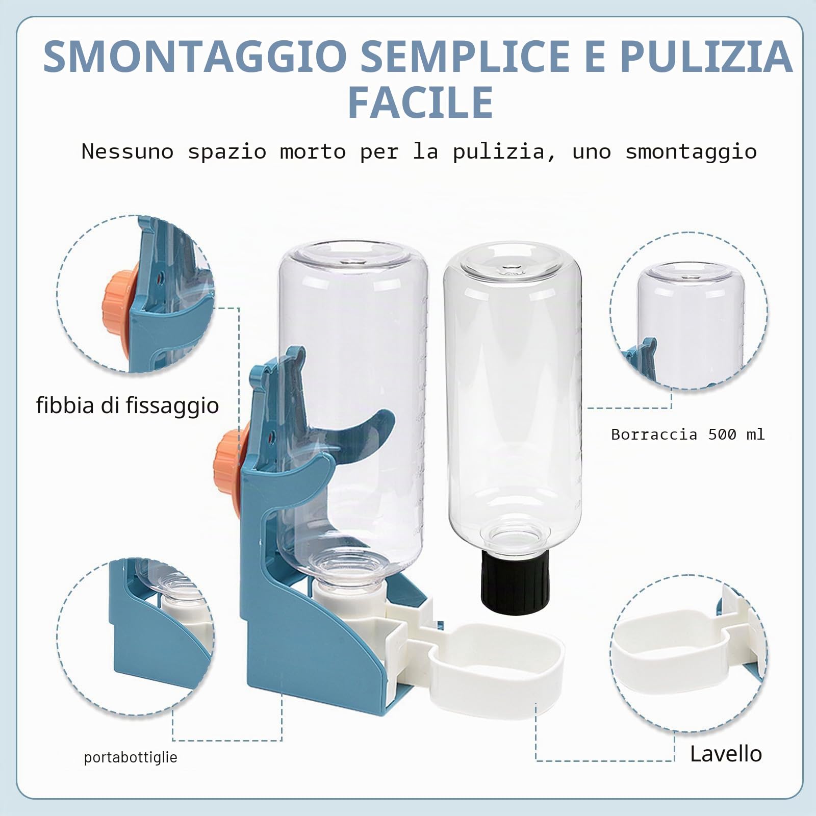 Distributore di acqua e cibo automatico per uccelli, abbeveratoio 500 ml, facile da installare e pulire, anti-perdite,(Bottiglia d'acqua*2,per bottiglia da 500 ml)