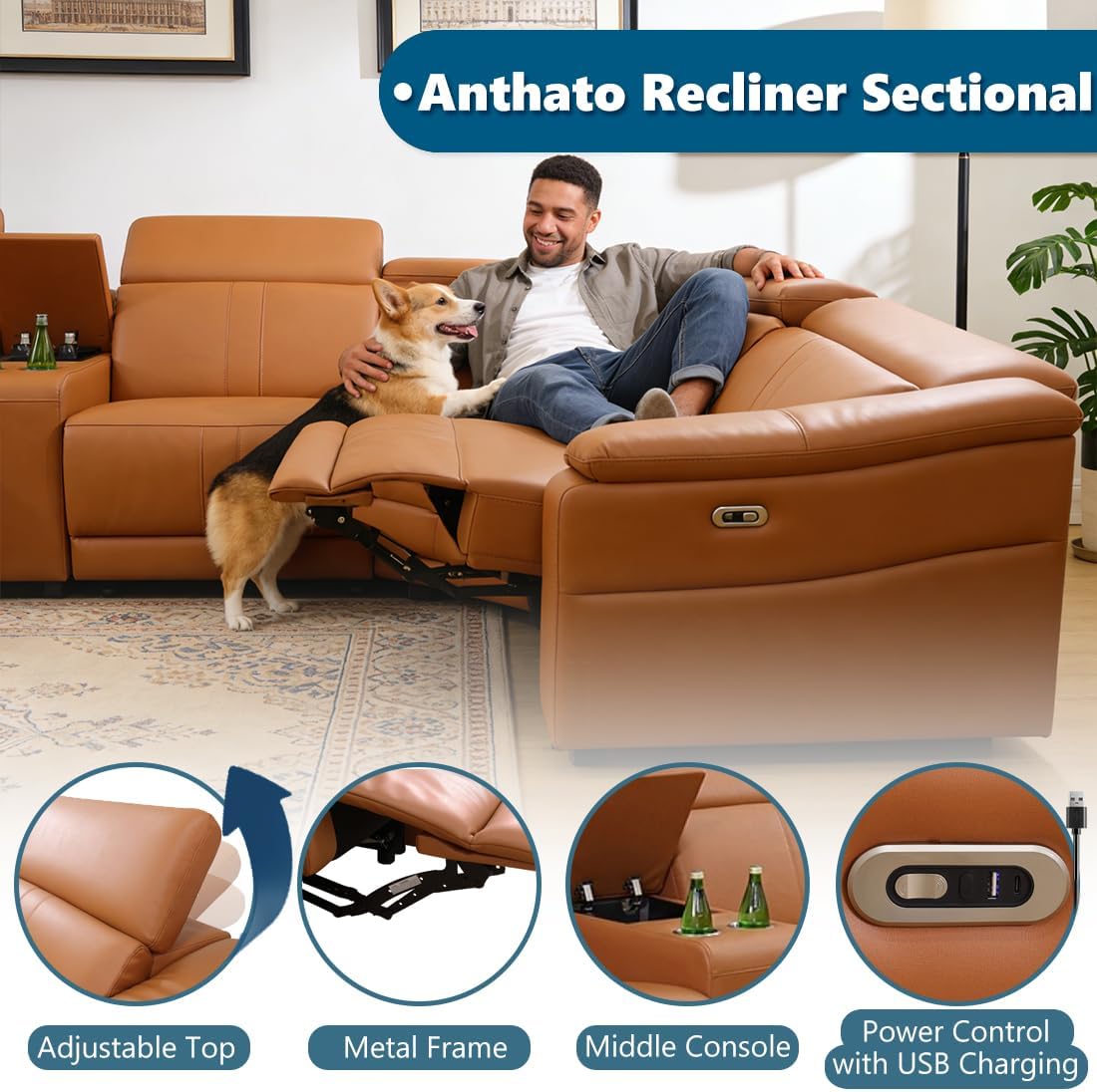 Luxury 5-Seat Reclining Sofa Set with Storage Console Cup Holders USB Charging - Orange