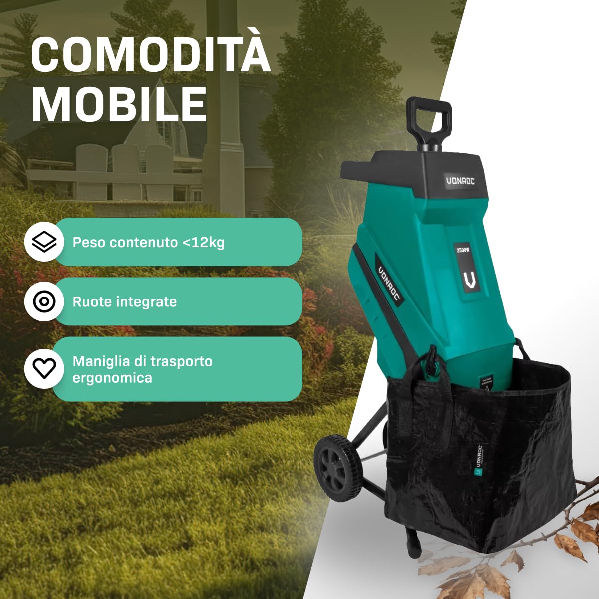 VONROC Biotrituratore elettrico 2500W – Trituratore Rami e foglie fino a Ø45mm, con Sacco Raccolta 45L, Lame in Acciaio Duro, Sicurezza Anti‑Sovraccarico – Leggero, Compatto e Facile da Pulire