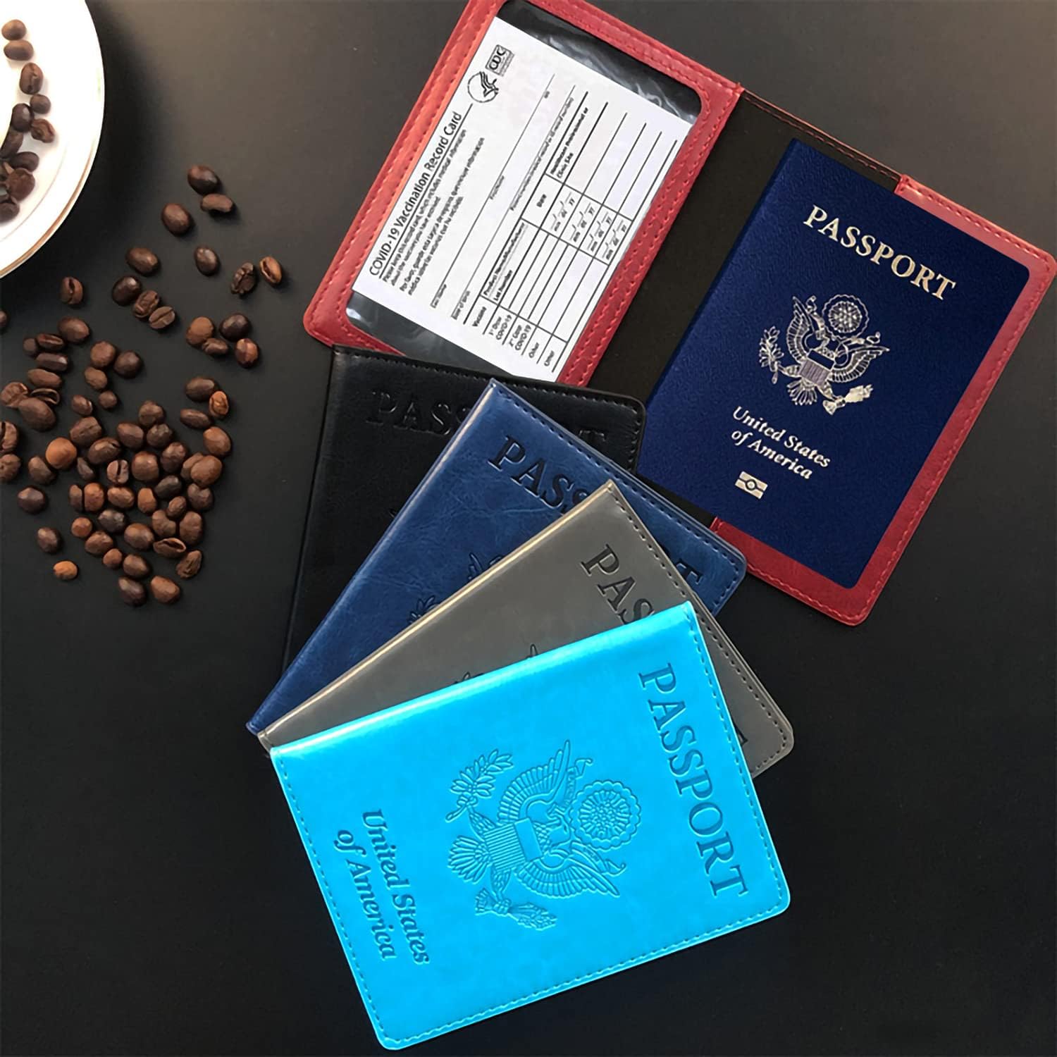  | 2Pcs Passport and Vaccine Card Holder Combo,PU Leather Passport Holder Covers with Vaccine Card Slot Passport Case for Women Men(Black+Dark Blue) | Passport Covers