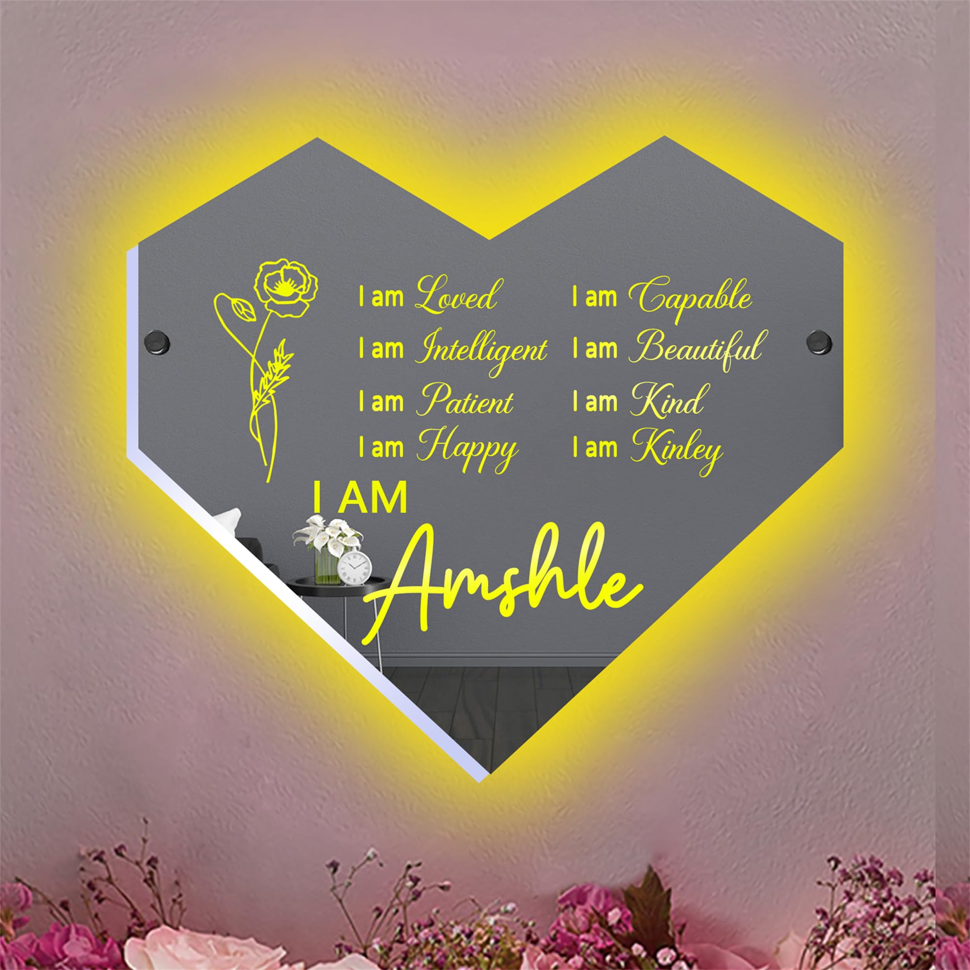 Wasetell Personalized Affirmations Mirror Led Light Custom I Am Mirror Affirmations Birthday Flower Name Sign Affirmations Neon Sign Light Up Inspirational Sign Positive Gifts for Christmas Birthday