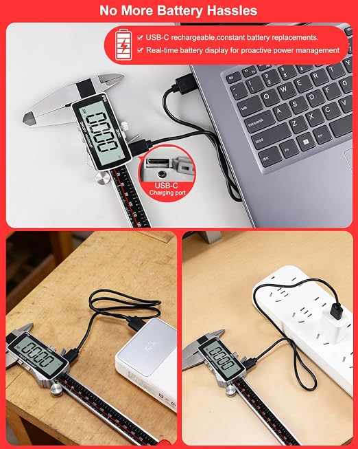 Calibrador Digital 8" Precisión 0.001" Recargable USB-C miniatura 2