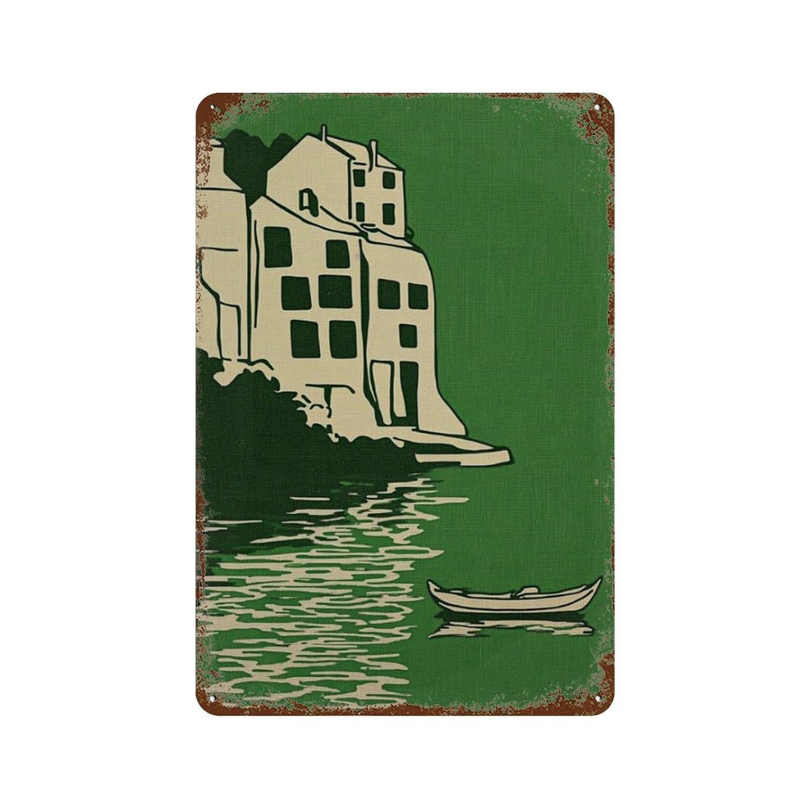 xiaoxiaoshen Italian Coastal Amalfi Style Village Minimal Seaside Boats Mediterranean Wall Decor Art Metal Tin Poster Modern Home Decor Art Home Bar Shop Decorations Vintage Sign 30x20cm