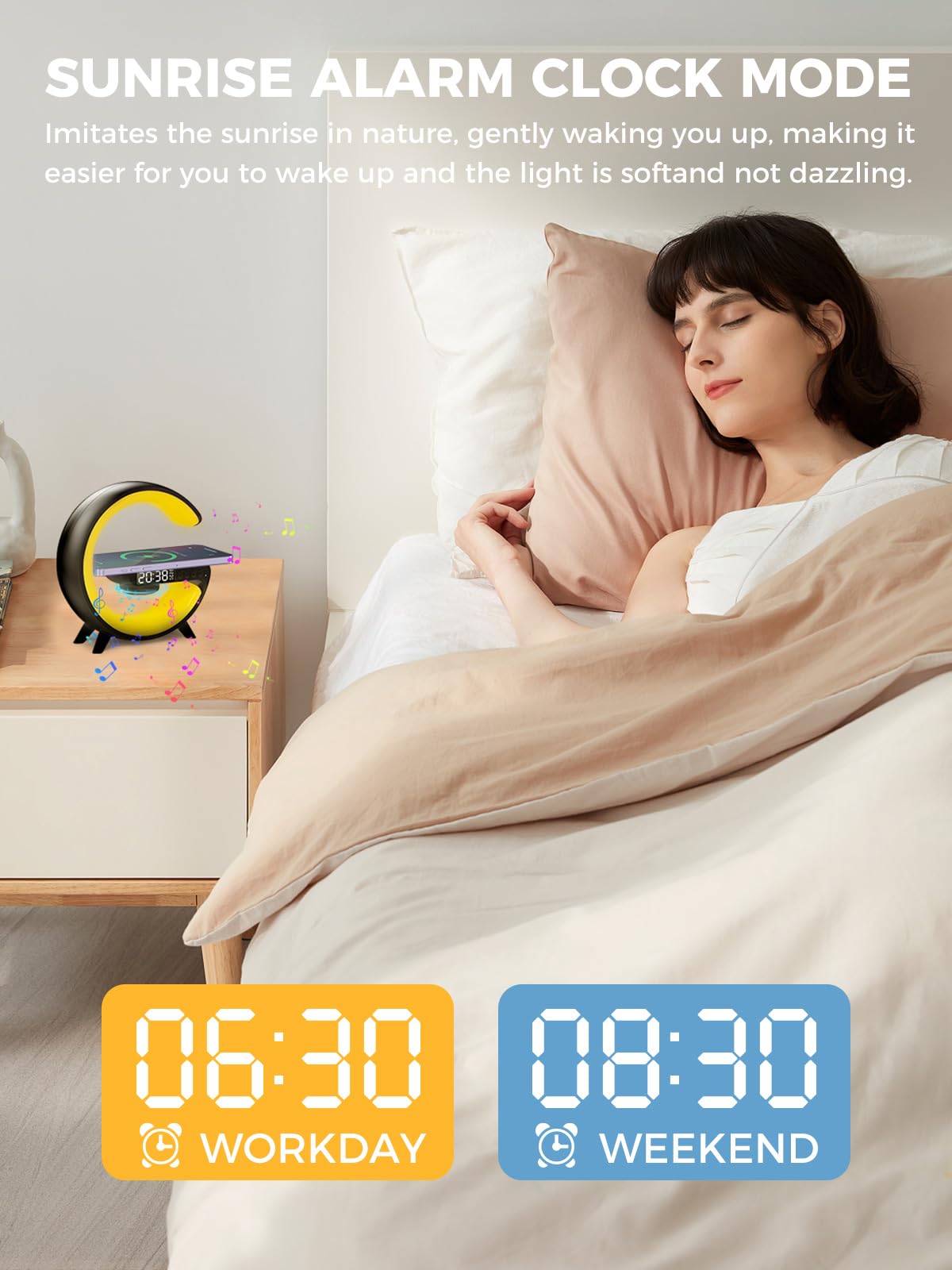 Smiling Shark Wake Up Light, Sveglia Luce LED Intelligente【Piccolo Negro】Con Altoparlante Bluetooth & Ricarica Senza Fili 16 Milioni di Colori Per Adulti & Bambini, Luce-Sveglia-da-Comodino