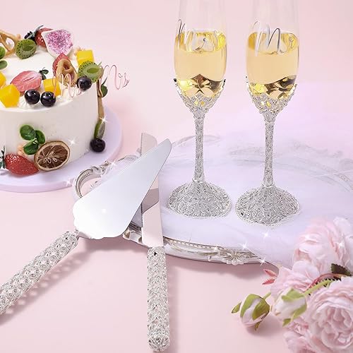 Miniatura 4 de Sratte Juego de 4 cuchillos para pastel de boda y copas de champán, copas de champán con diamantes de imitación de cristal, vasos, cuchillo para