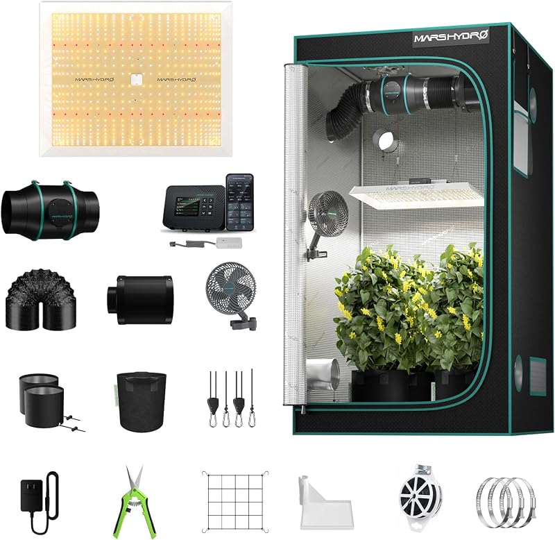 MARS HYDRO Kit de tienda de cultivo inteligente 4x4, sistema de kit de cultivo con control WiFi TSW2000 | LED de espectro completo de 300 W, tienda de cultivo 1680D de 40 x 40 x 70 pulgadas, sistema de ventilación automática de 4 pulgadas, controlador iControl, ventilador de 10 velocidades