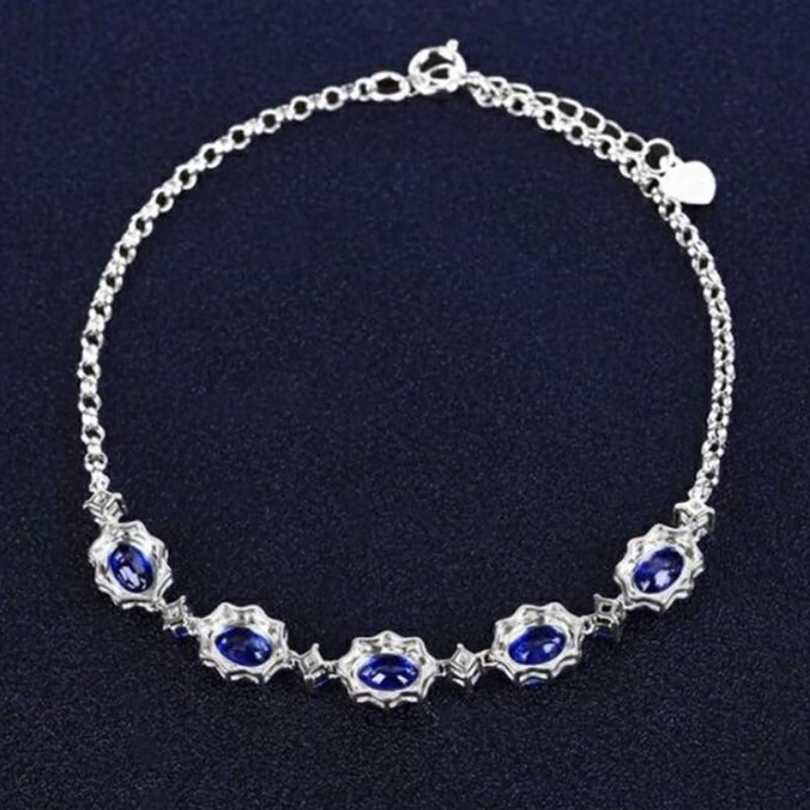 Pulseras Mujer de Oro Blanco 9K / 14K / 18K, Oval con Zafiro Creado de 2,9 ct y Moissanita, Cadena Extensible 16 CM + 5 CM, Pulseras de Plata Azul para Ajustable Mujer