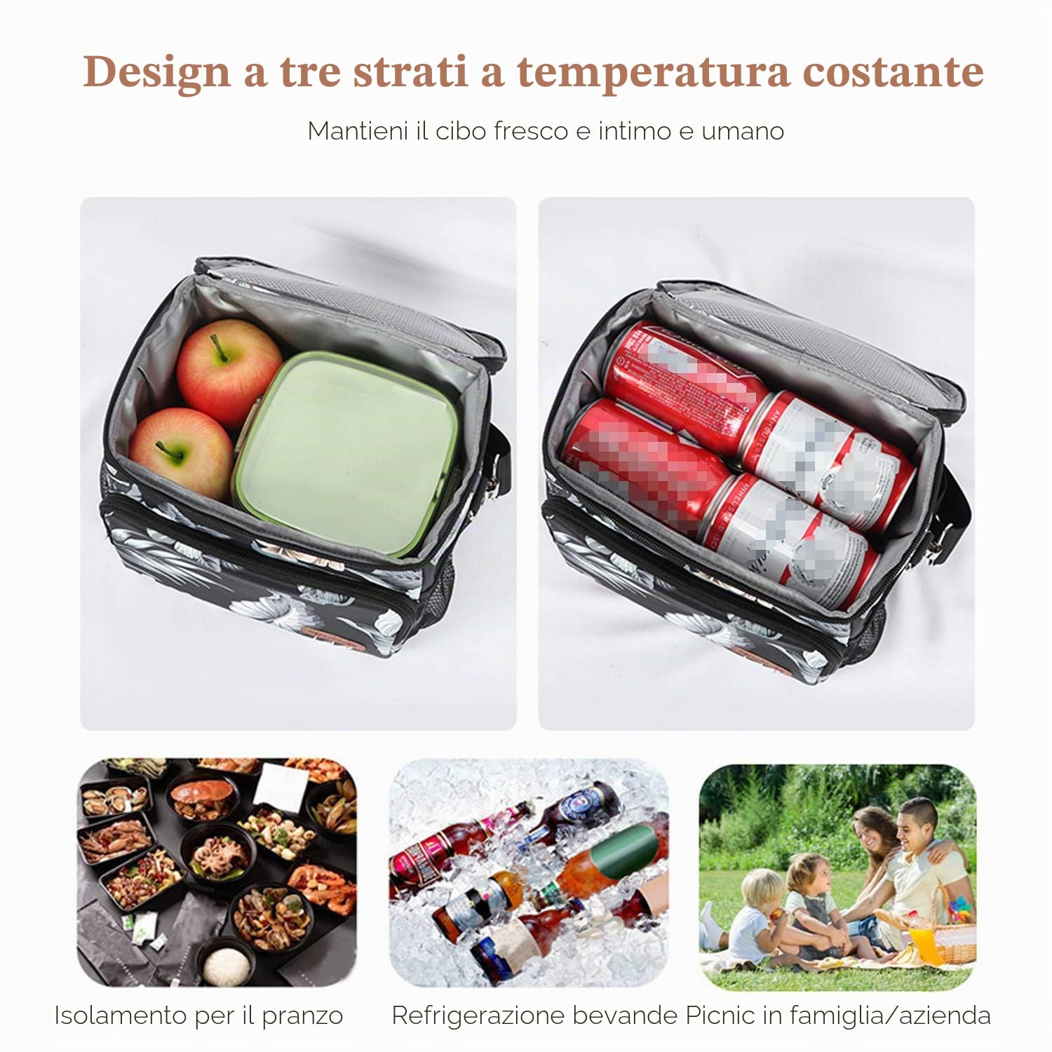 FANDARE Moda Borsa Termica Isolante Pranzo al Sacco Borsa da Picnic Borsa frigo Acquisti Auto Borsa a tracolla per Campeggio Nautica Spiaggia Pesca Scuola Lavoro Lunch Bag Poliestere Nero C