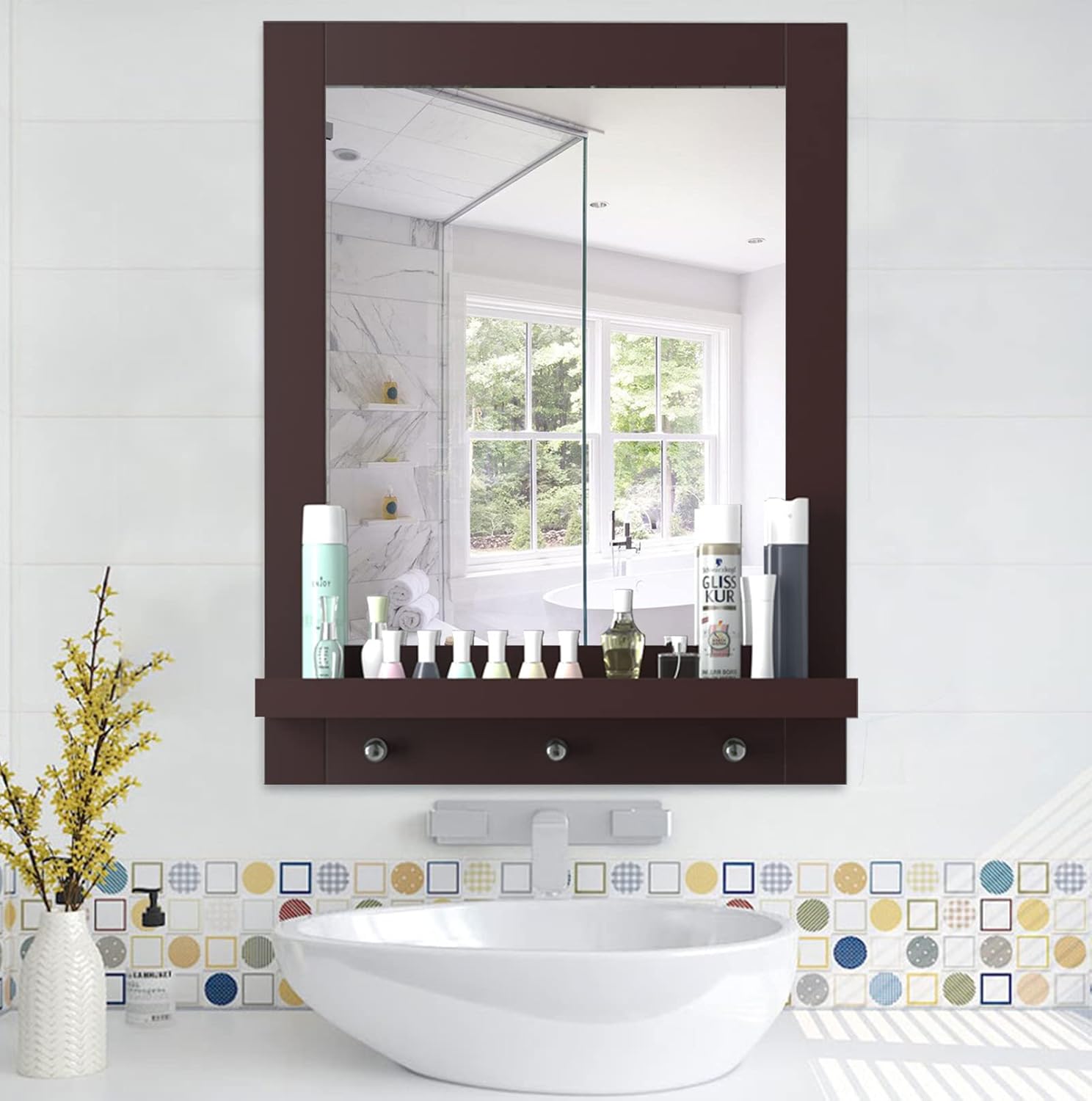 Wall Mirror with Shelf，26 Inch Height Mirror for Wall, Modern Wall-Mounted Mirror with 1 Shelf 3 Hooks for Bathroom-Dark Brown : Home & Kitchen