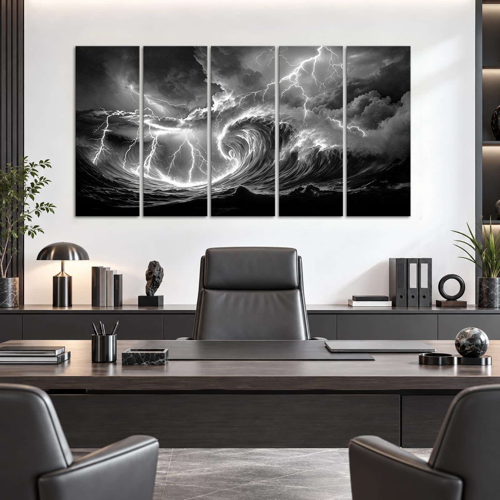 Biuteawal 5 piezas de arte de pared con diseño de olas del océano, relámpago, blanco y negro, imágenes enmarcadas de paisaje marino, decoración moderna para el hogar y