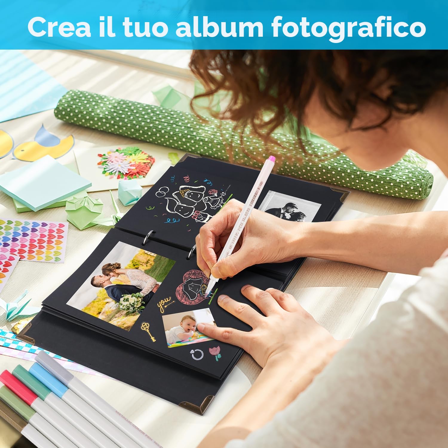 Album Fotografico Personalizzabile 29,5 X 21Cm Album Foto 80 Pagine Nero Album Fotografico Fai Da Te Con 6 Penne Metalliche,Per 160 Immagini,Libro Degli Ospiti Per Compleanni e Matrimoni(Giallo)