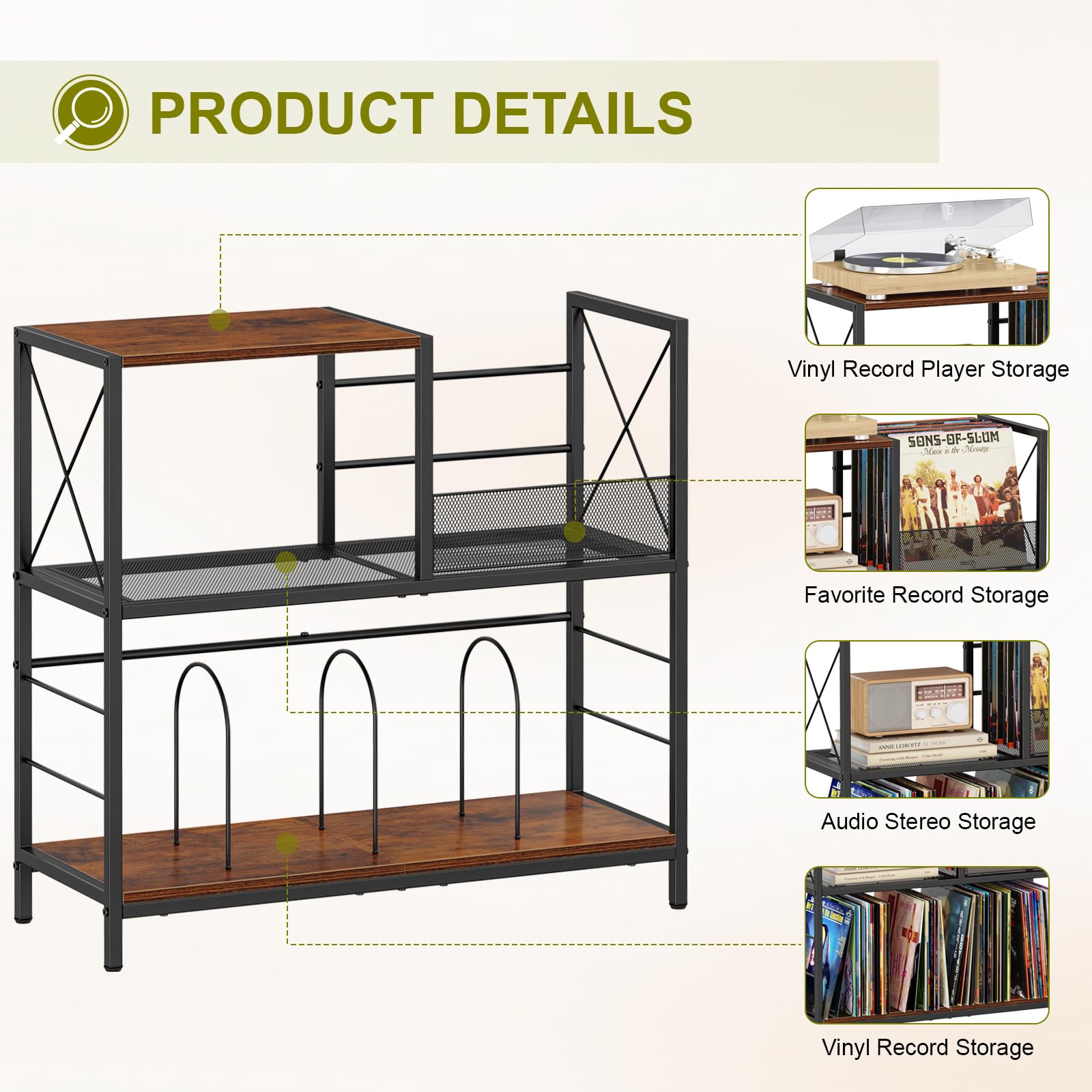 Snughome Large Vinyl Record Player Stand, Holds Up to 300 Albums, Wooden Record Display Table with 3 Adjustable Divider for Turntable Stand, Large Record Player Table Vinyl Album Storage