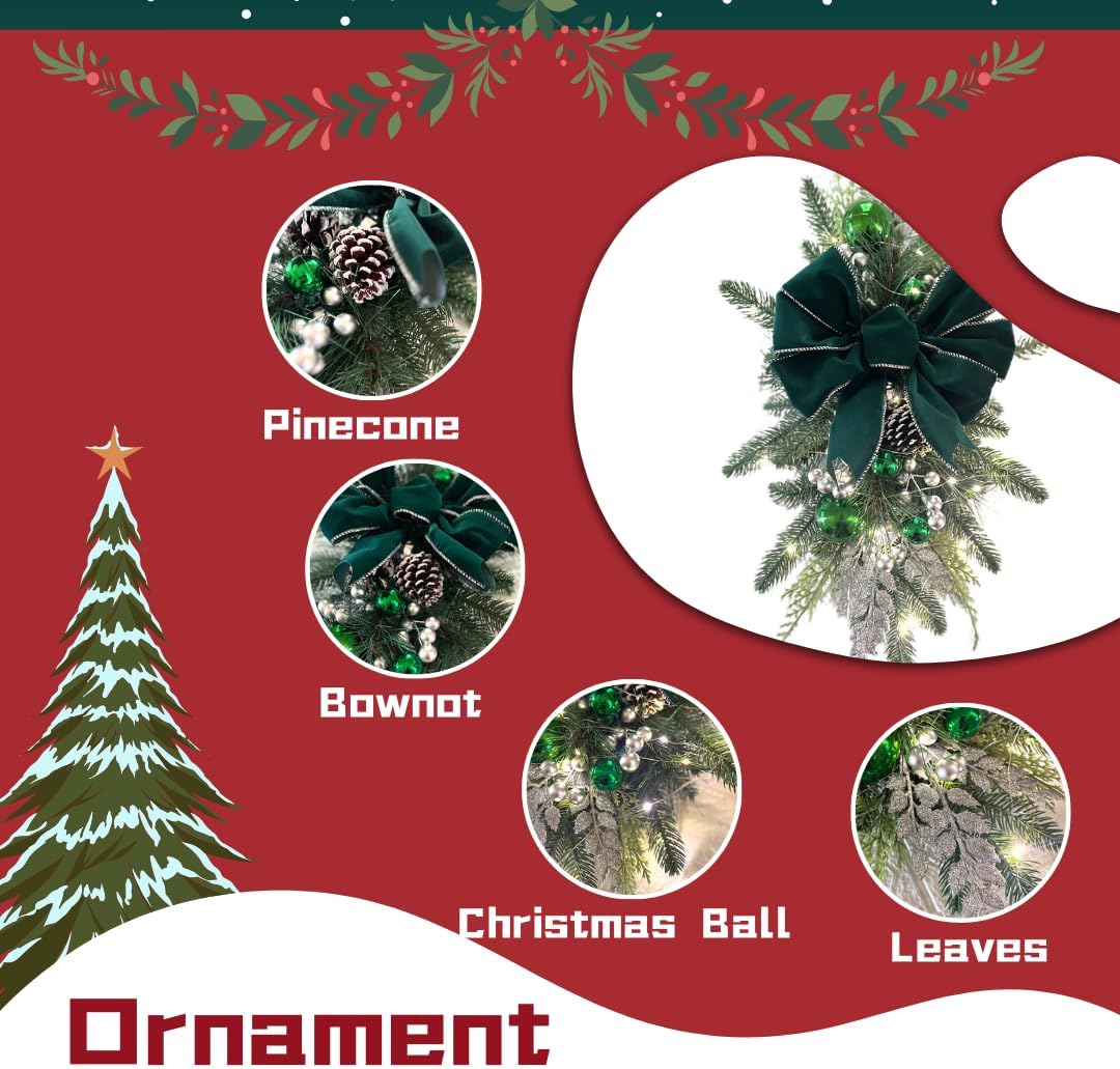 4Pcs Pre Lit Christmas Stair Teardrop Swag, Artificial Christmas Teardrop, Christmas Stairway Wreath Decoration Stairway Xmas Swag Garland Artificial Christmas Garland for Stair Front Door Wall(#1)