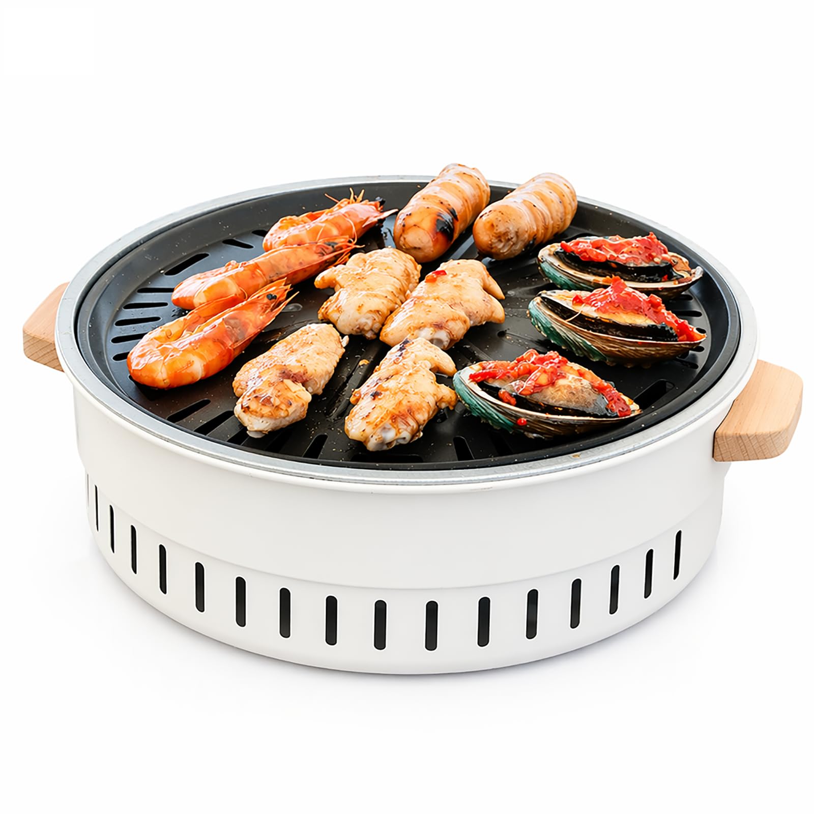 hKjPlvf Portable Charcoal Grill 4-in-1 Korean BBQ Griddle Pan, Round Steel Camping Stove with Solid Wood Handles, 34.5cm Outdoor Barbecue Hot Pot Skewer for Backyard Picnic Party