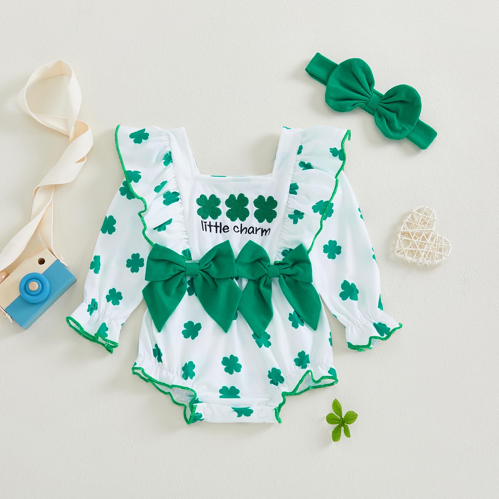 Dcohmch Baby Girls St Patricks Day Outfit Shamrock Print Bow Ruffles Long Sleeve Romper Cute Headband Newborn Clothes