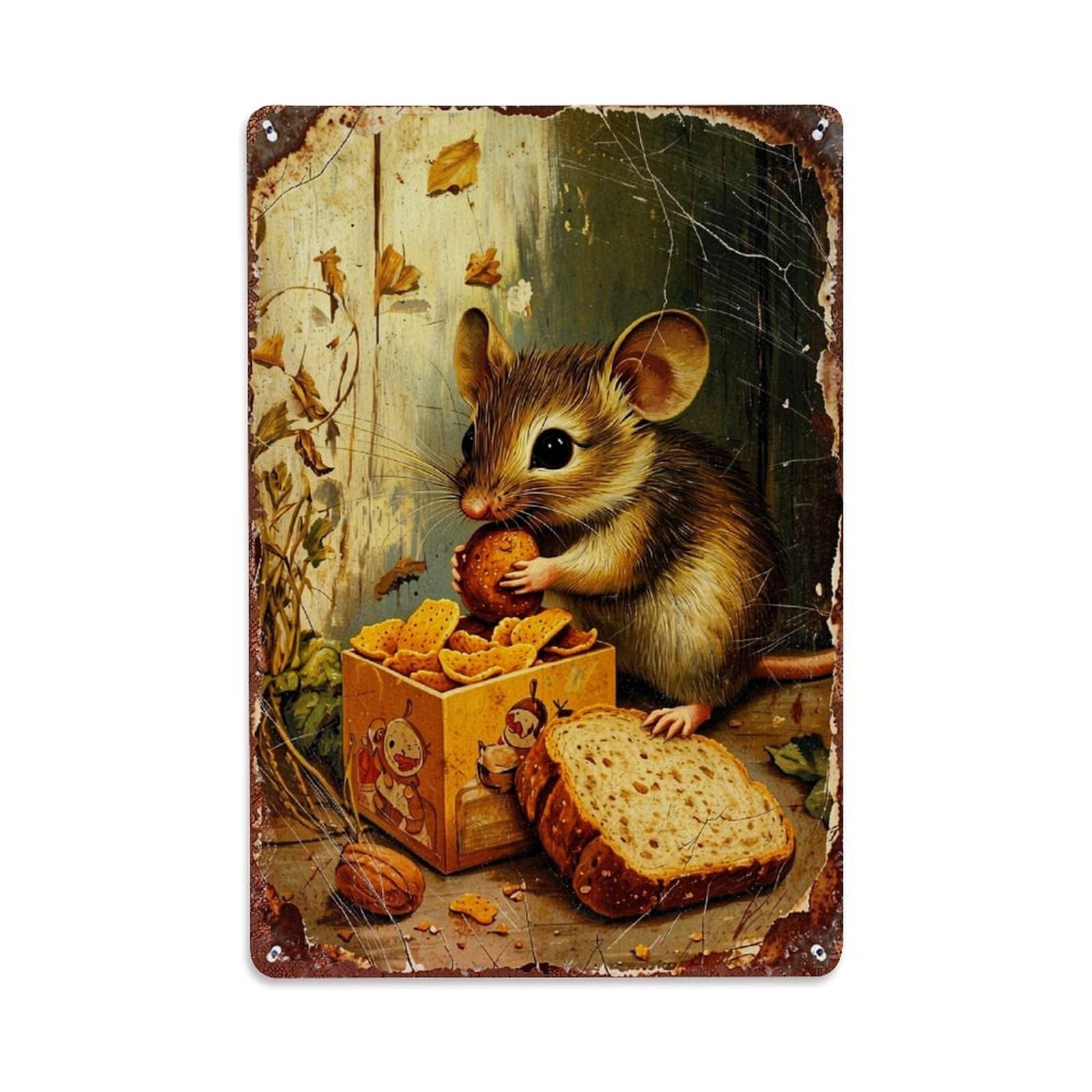 Jdfenggu Vintage Mouse With Snacks And Bread Retro Metal Tin Sign, Decor Art Poster For Bar, Home, Man Cave, Kitchen, Laundry Room Gift 8X12inch