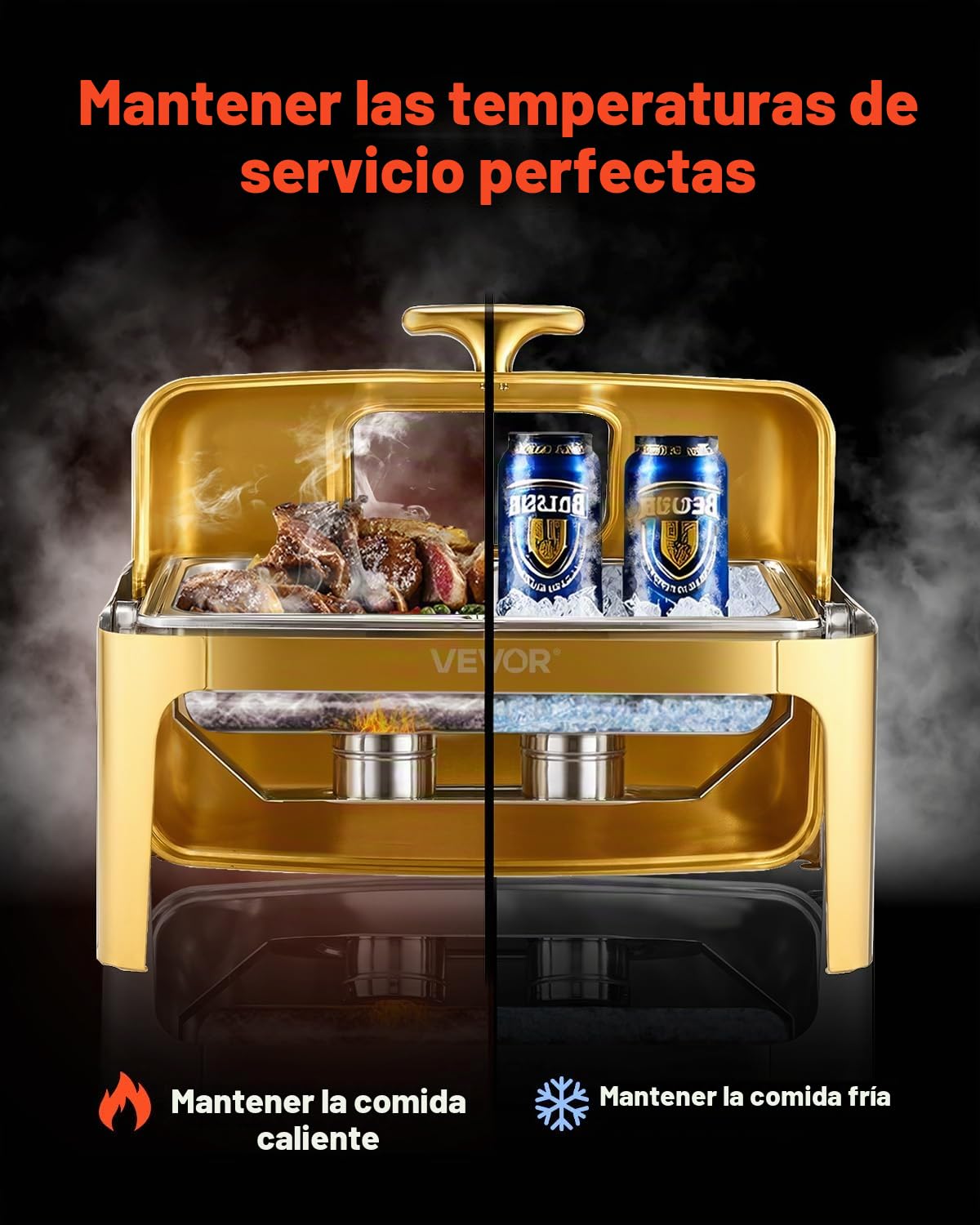 VEVOR Juego de Calentador de Alimentos Acero Inoxidable con Sartenes Tamaño Completo(8,5 L), Rectangular, con Tapa Visible y Soporte para Bandeja de Agua y Depósito de Combustible, Dorado, 1 ud