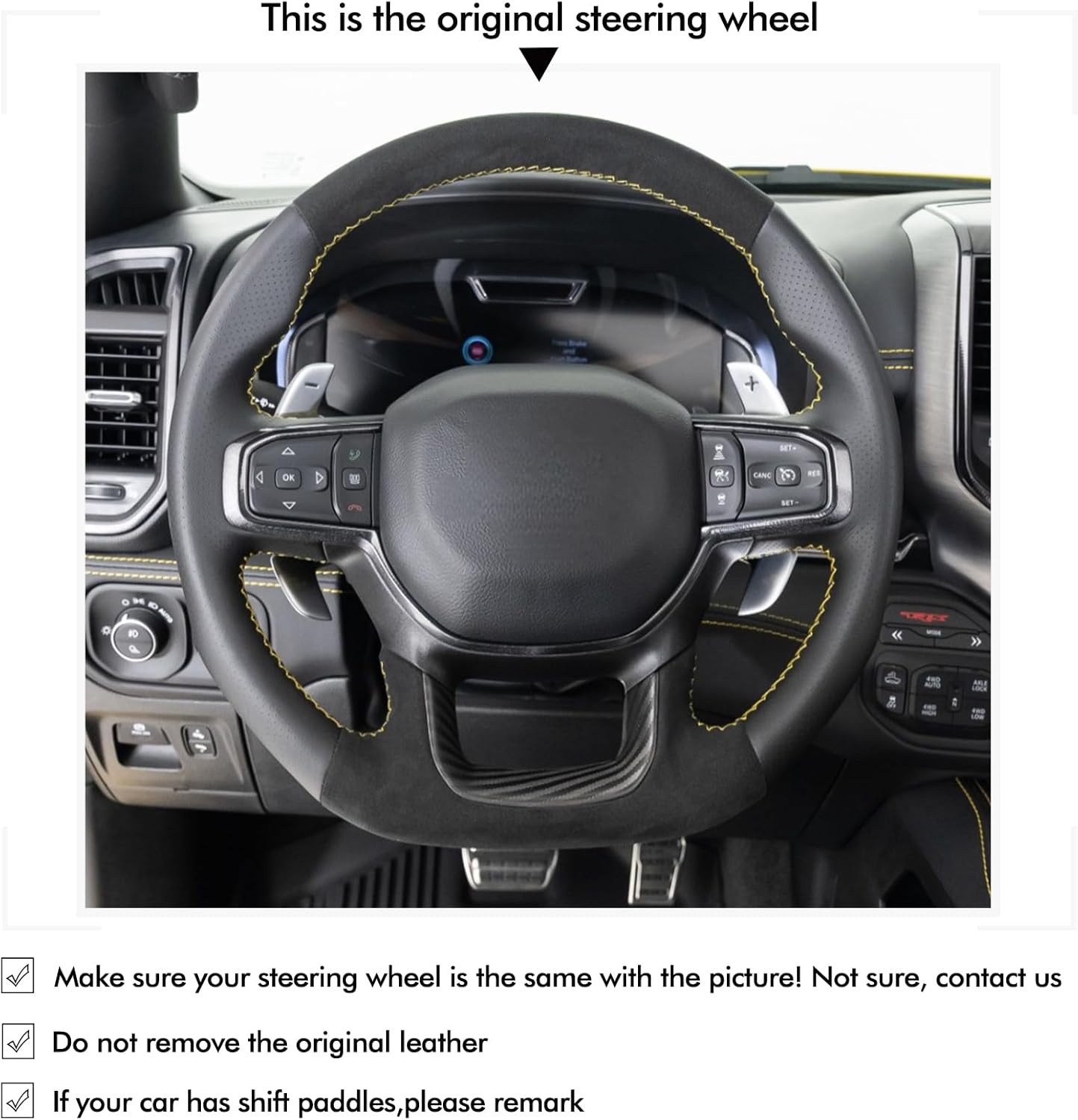 MEWANT Hand-Stitched Steering Wheel Cover for Dodge RAM 1500 TRX/GT/RHO 2021-2025, DIY Custom Fit Steering Wheel Wrap for Dodge RAM 1500 TRX