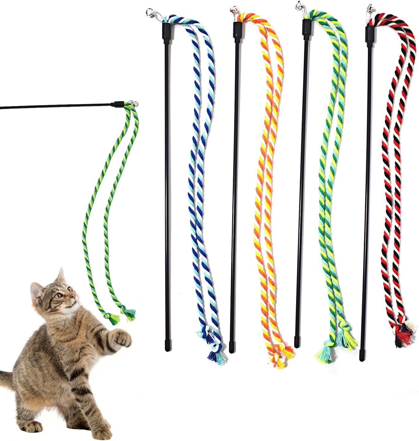 IUHKBH Cat Wands, 4 PCS Colorful Rope Cat Toys Flexible Teaser Wands Interactive Kitten String Wands, Safe Kitty Toys for Indoor