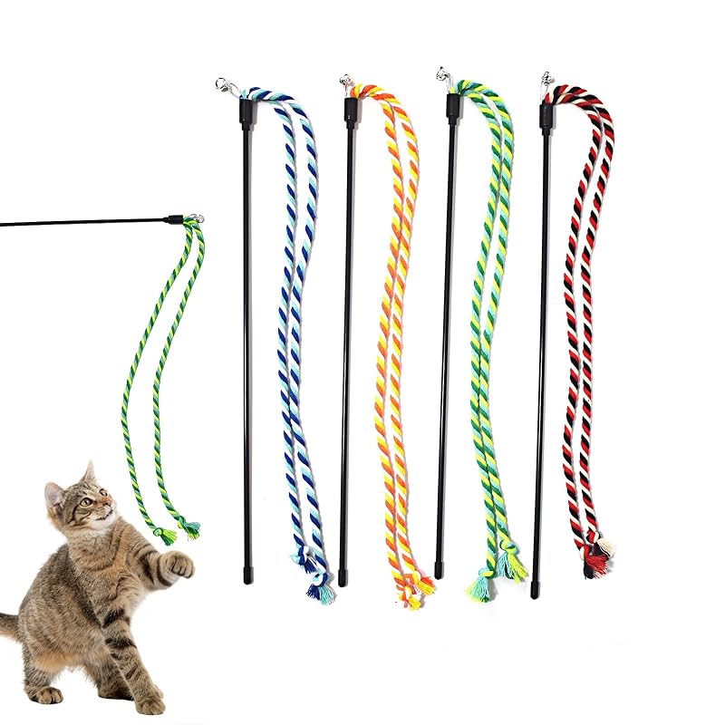 Brinquedo Vara Interativa para Gatos com Corda Colorida e Sino IUHKBH, Pacote com 4
