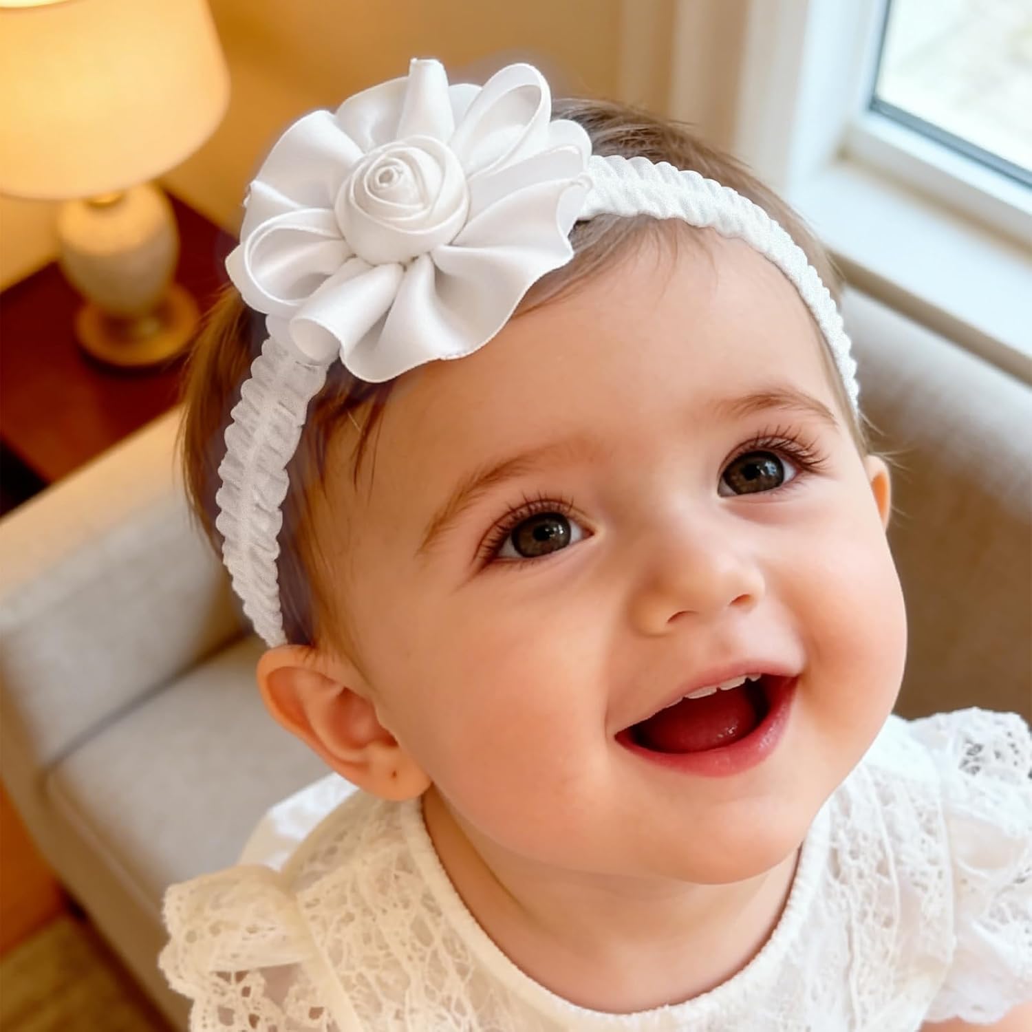 Baby Girls Headband White Bow Lace Headbands Soft Elastic Bowknot Hairbands Cute Hair Accessory for Newborn Kids Infant Toddler Baptism Birthday Party (White Bow)