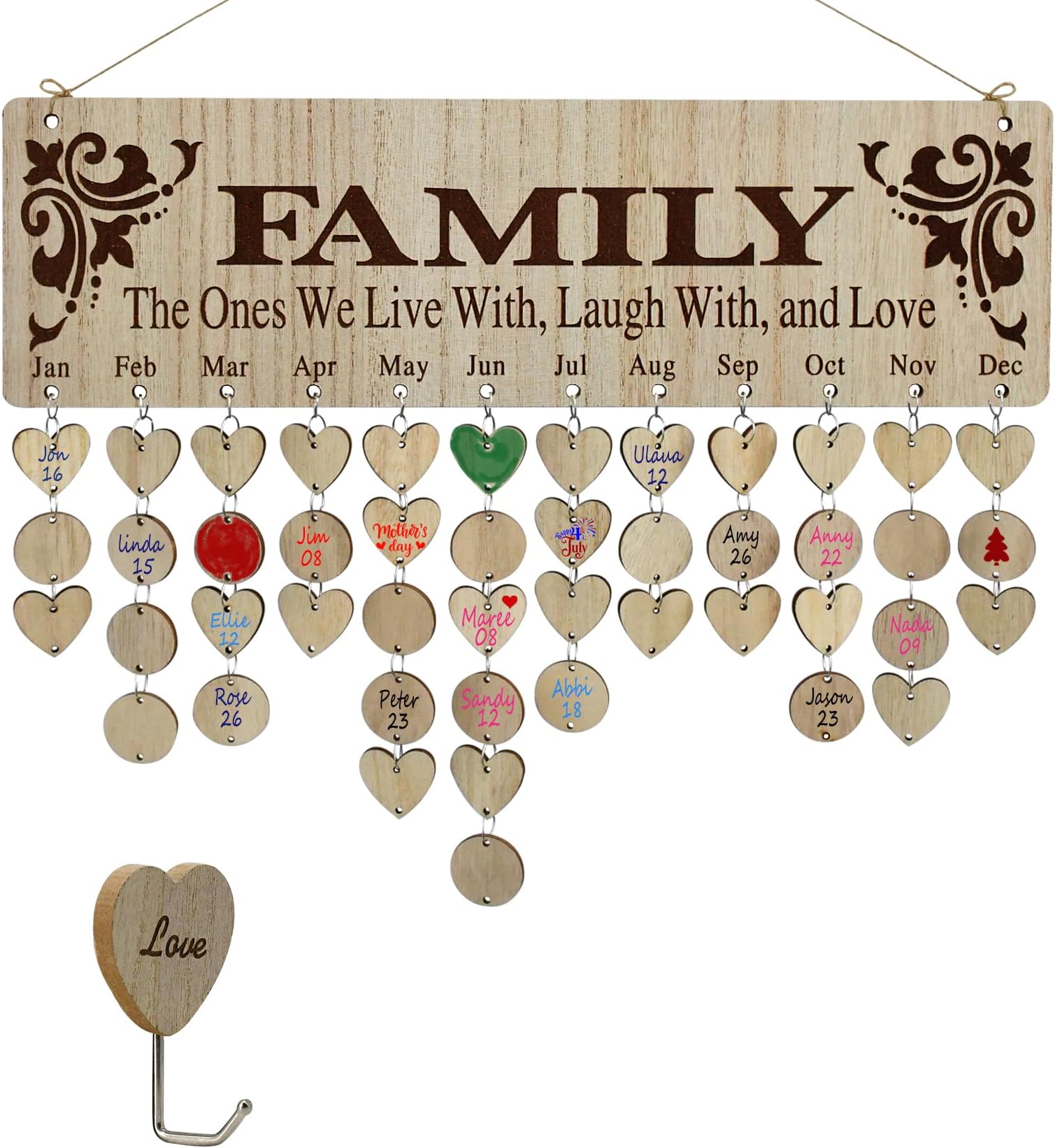 [Birthday Gifts for Grandma] Family Birthday Calendar Wall Hanging,Wooden Birthday Reminder Plaque Sign Family DIY Calendar Hanging Board Personalized Gifts for Mom