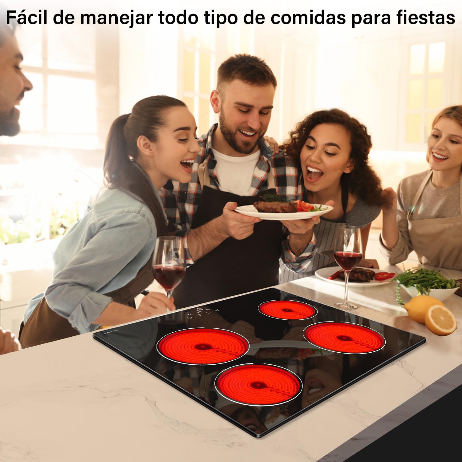 NOXTON Placa vitroceramica 4 fuegos, 60 cm, Control táctil, 6000 W | 9 niveles de potencia, Bloqueo para niños, Indicador de calor residual, 220-240V, Encastrable, Sin enchufe.