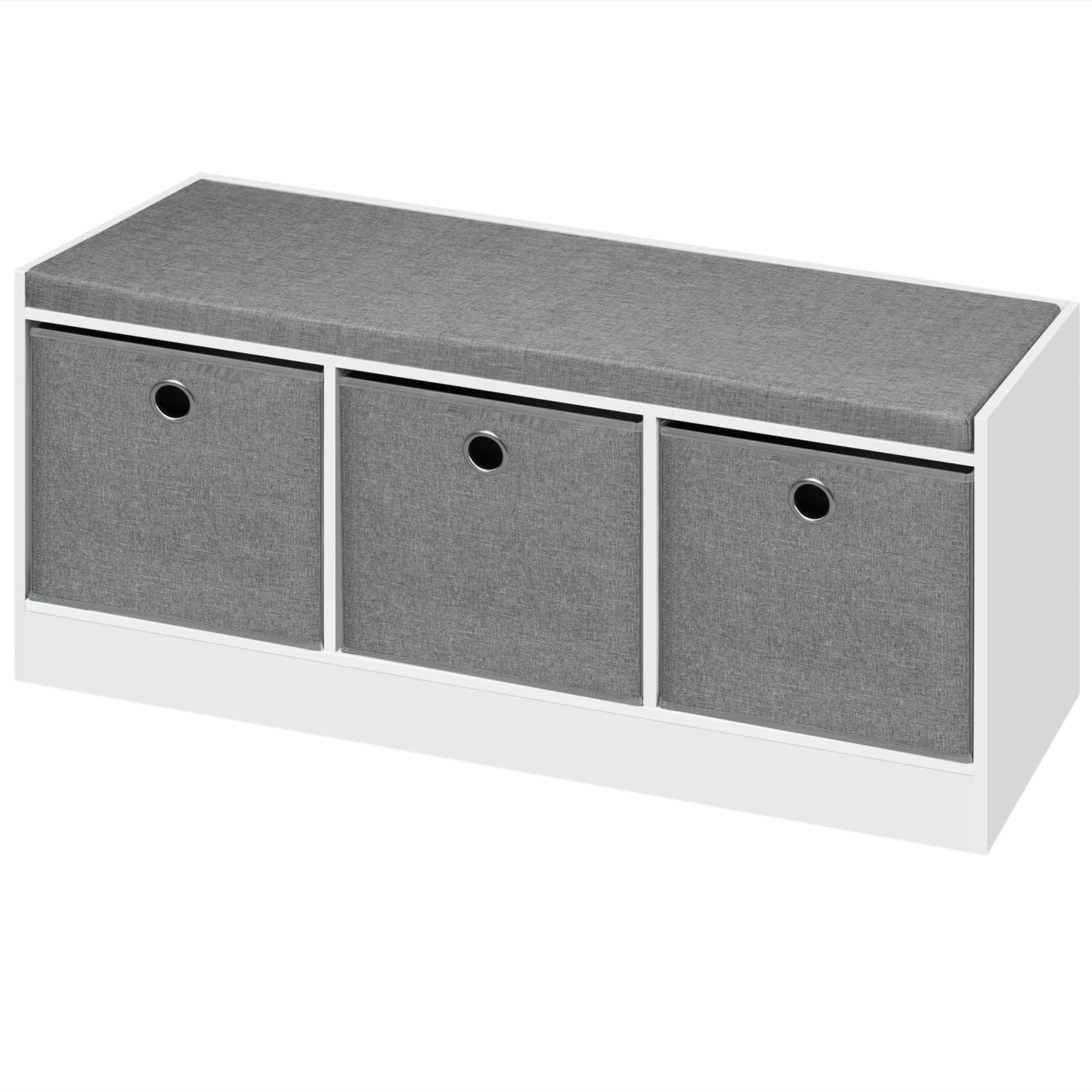WOLTU Pouf Contenitore, Mobile da ingresso con 3 cassetti in Tessuto, Panca portascarpe con Sedile Imbottito, Scatola Portaoggetti Ottomana, per Soggiorno, Bianco+Grigio