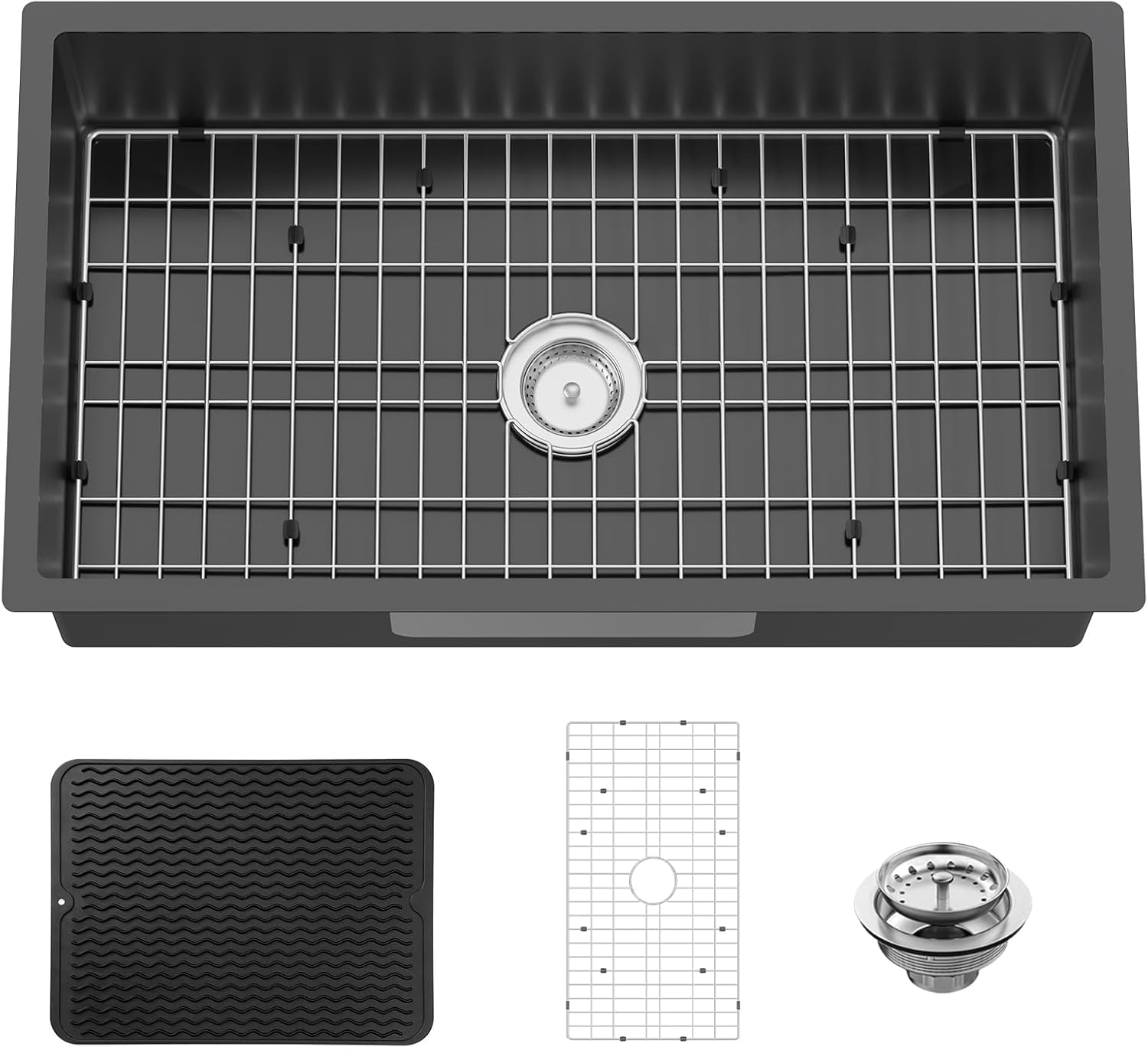 Black 33x19 Inch Undermount Kitchen Sink-Stainless Steel Single Bowl Drop In Kitchen Sink Stylish And Modern Look With Bottom Grid,Silicon Mat And Drain Assembly Add Elegance & Enhance Usability