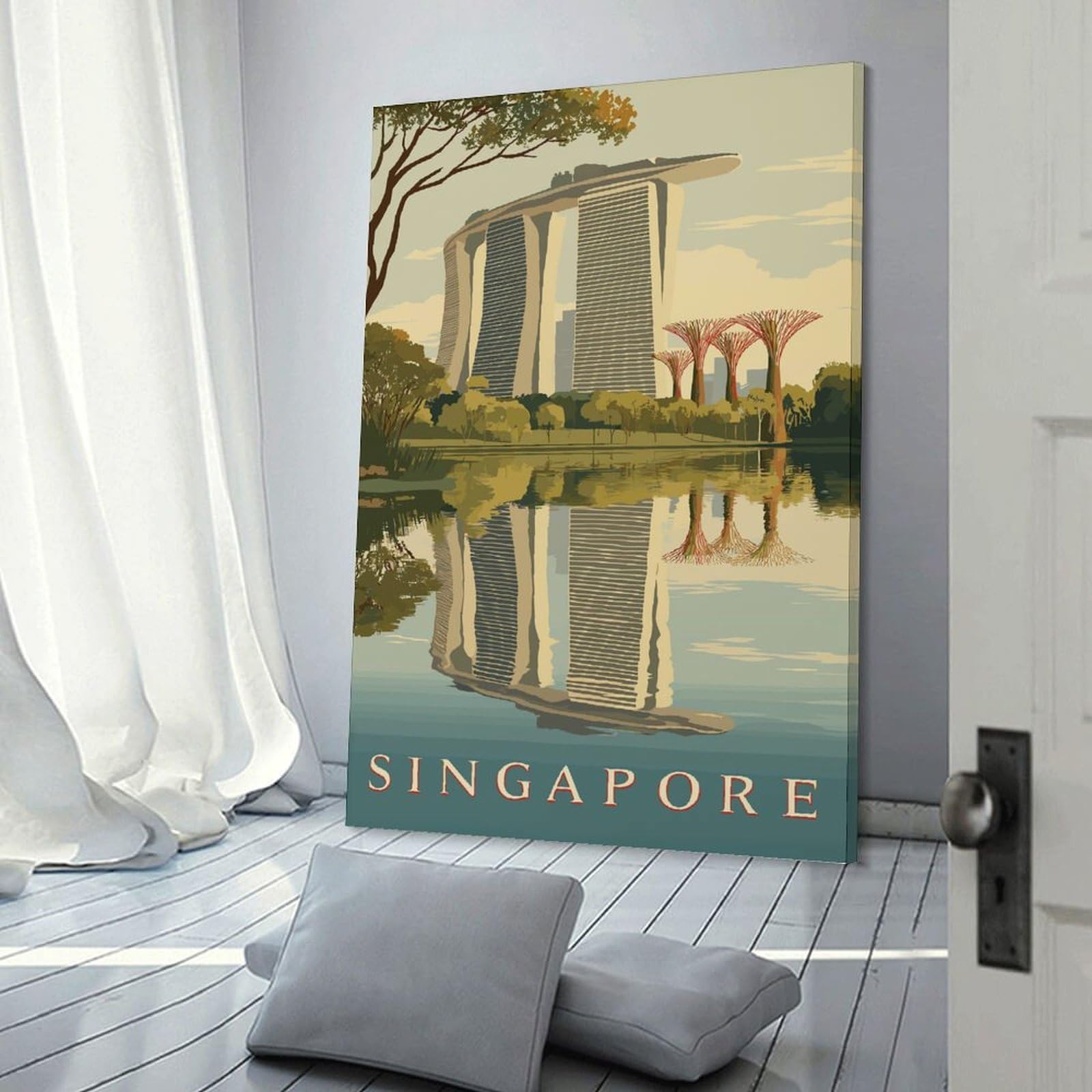 Junmoney Canvas Art Print Singapore Skyline with Marina Bay Sands, 24x36inch(60x90cm), for Home Office, Desk Area Or Studio, Wall Art That Adds Style to Work Areas