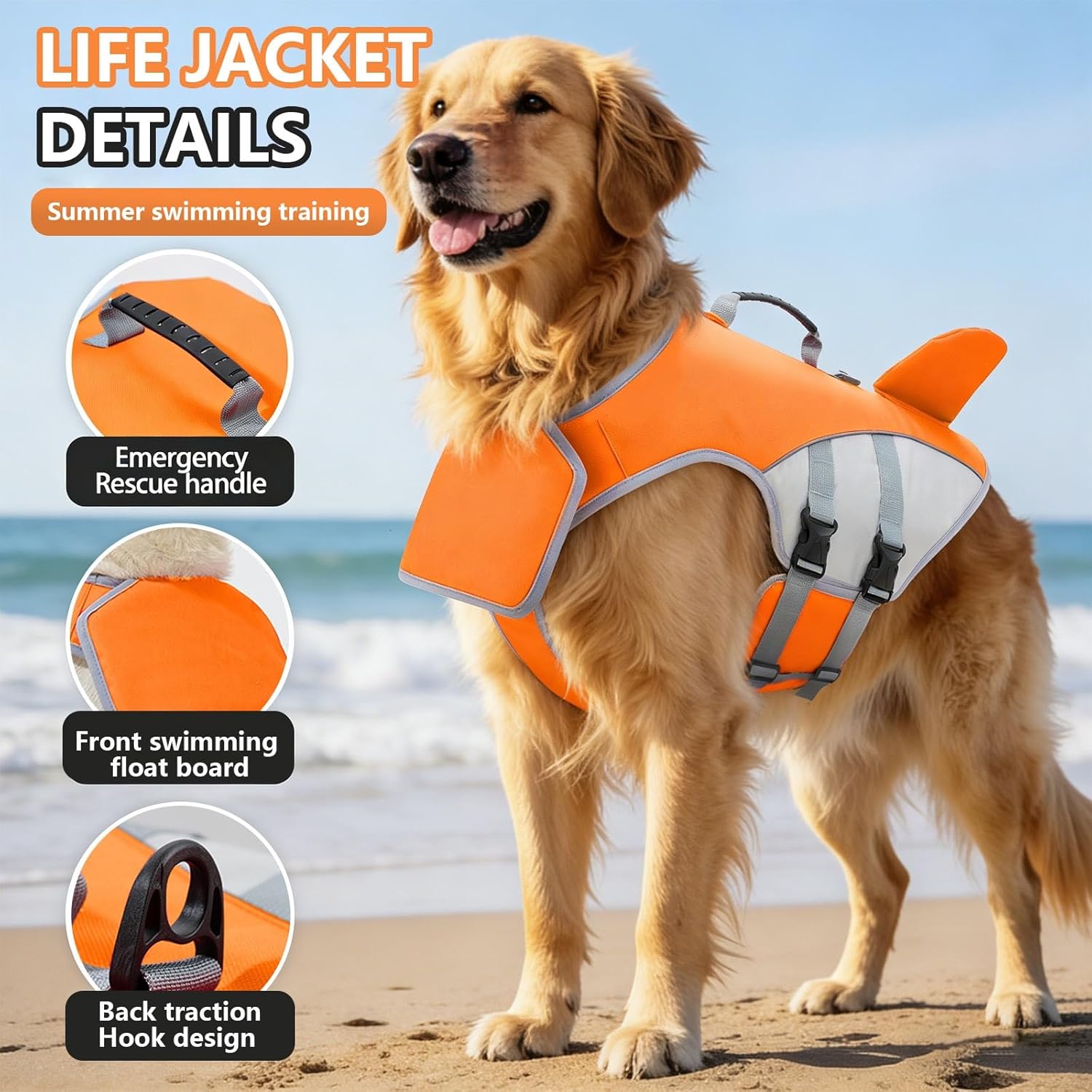 Dog Life Jacket,Premium Buoyancy Swim Vest with Lift Handle,Secure Fit & Reflective Trim,Adjustable Flotation for Swimming,for Small Medium Dogs,Outdoor Adventures (s-XL)(Orange,Medium)