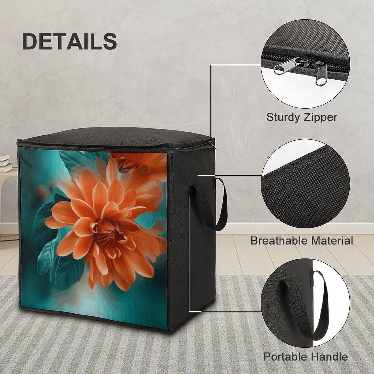 Teal And Orange Flower Storage Bag with Zippers And Handle Extra Large Bedding Comforter Storage Bag Foldable Blanket Storage Bags Fabric Moving Bags for Closet Organizer (70L)