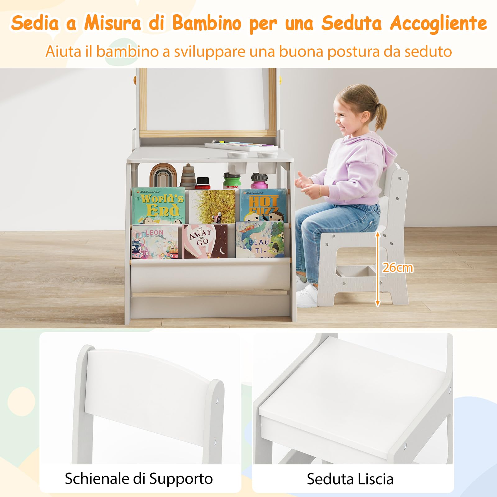 COSTWAY Set 3 in 1 Tavolo e Sedia per Bambini 3+ Anni, Tavolo in Legno Sicuro con Lavagna, Sedia, Lavagna Bianca, Rotolo di Carta, 2 Ripiani Aperti e Libreria a 2 Ripiani, Ideale per Disegno (Grigio)