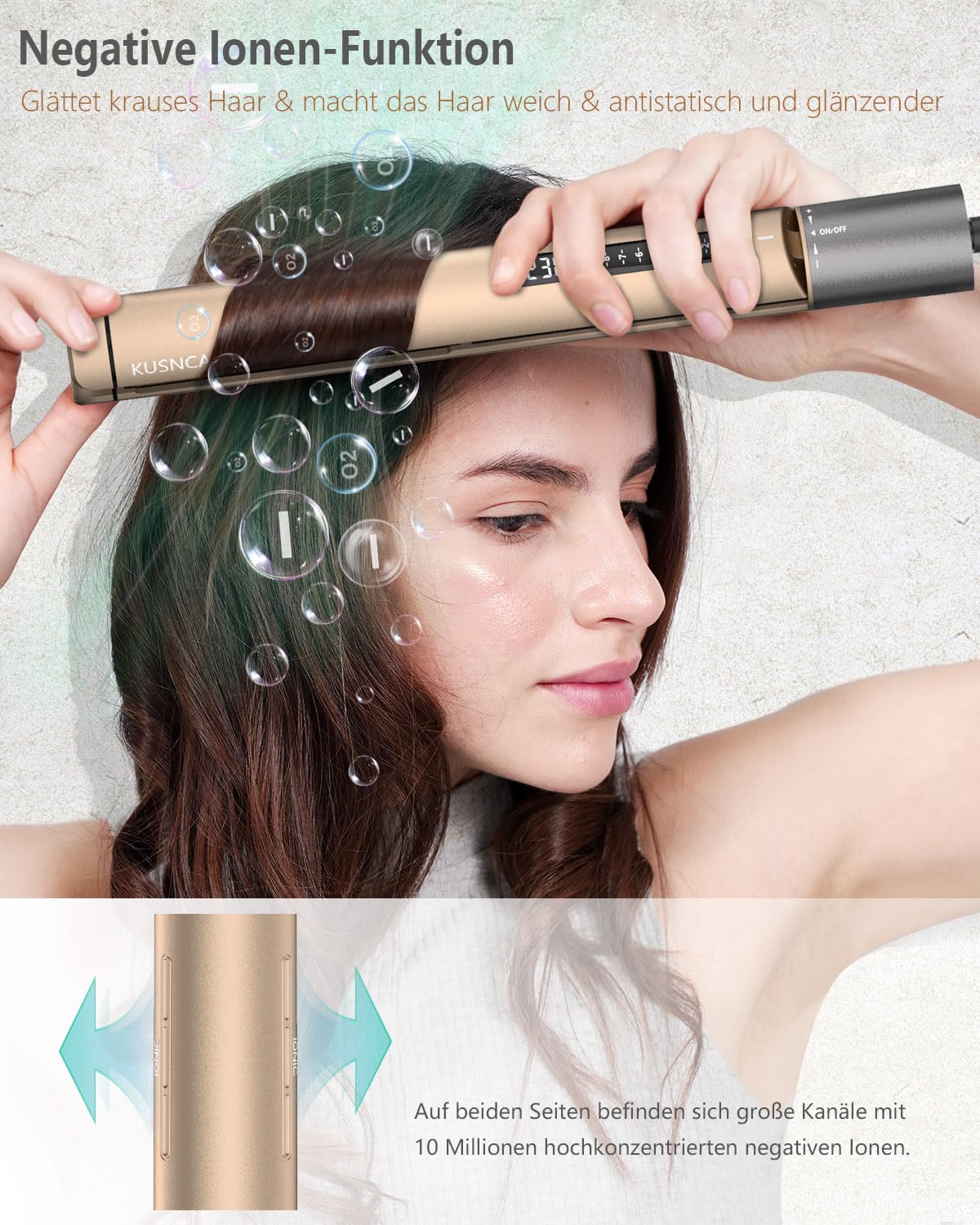 KUSNCA Ionen Glätteisen, 2 IN 1 Haarglätter Locken und Glätten | Doppelseitige Ionentechnologie und Keramikplatte, Anti-Frizz-und Glanz-Effekt,Temperatur(110-230℃)Heim-und Reisepaket,Gold