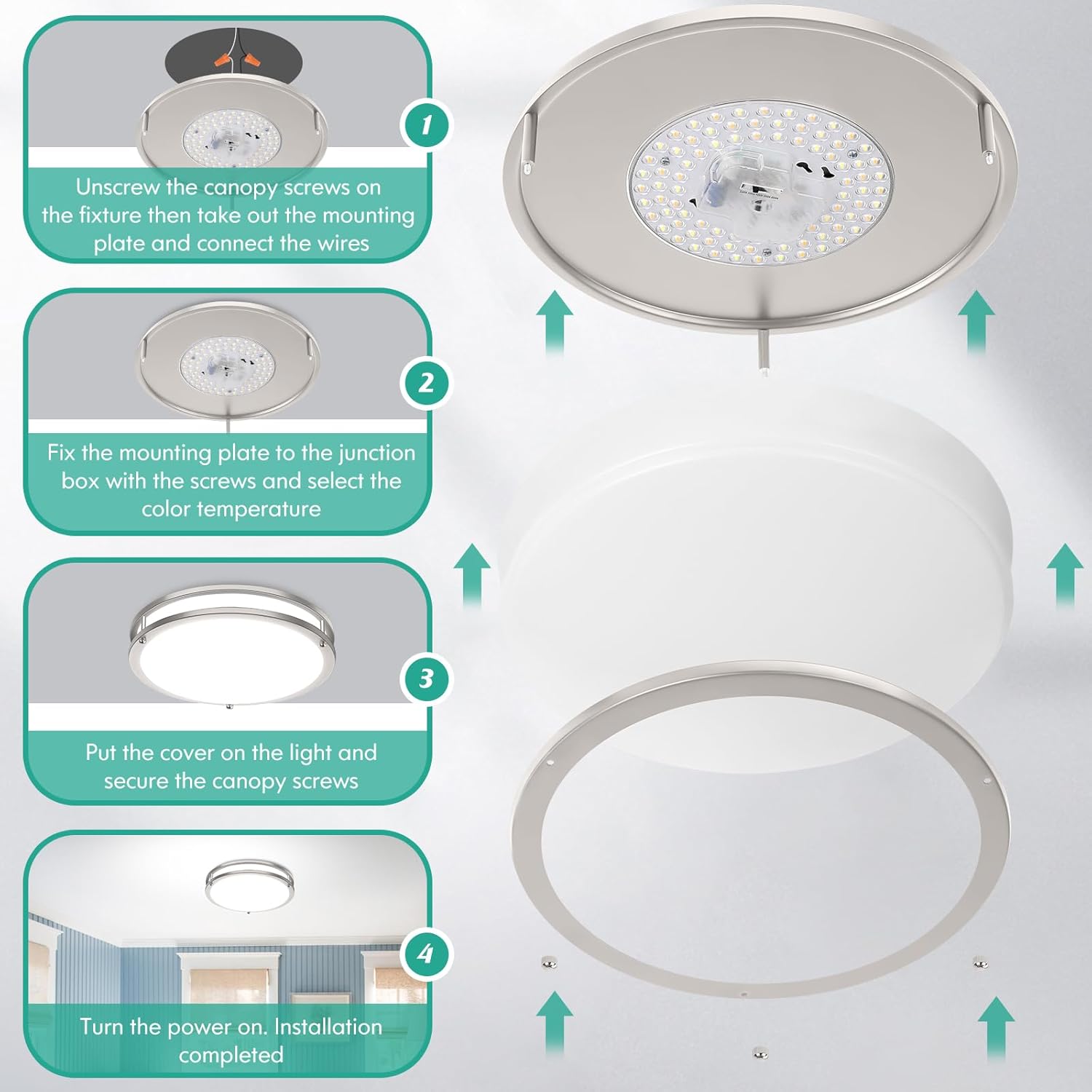 LED Ceiling Light Fixture, 36W 4400Lm Flush Mount Ceiling Lights, Dimmable 5CCT 2700K/3000K/4000K/5000K/6500K, 13 Inch Super Bright Modern Bedroom Lamps for Kitchen Hallway, Brushed Nickle, 1 Pack