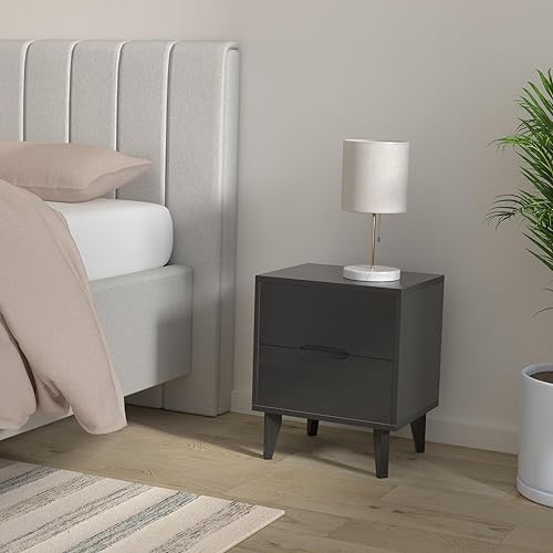 Miniatura 2 de Mesita de noche de madera con mango ranurado moderno de mediados de siglo, cajón de almacenamiento y estante, mesa auxiliar de noche, 2 cajones