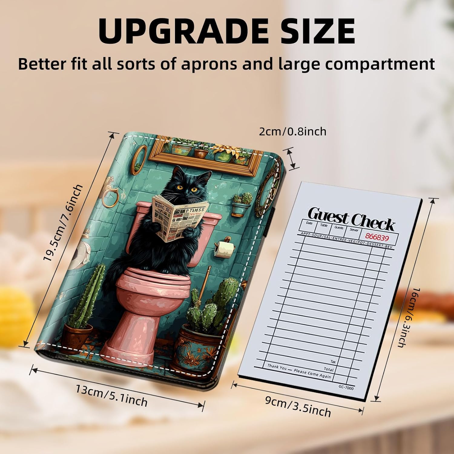 Server Book,Waitress & Waitre Books with Zipper Money Pockets and Pen Holder PU Leather,Cute Waitstaff Organizer Fit Server Apron with Black Base,Black Cat Reading Newspaper