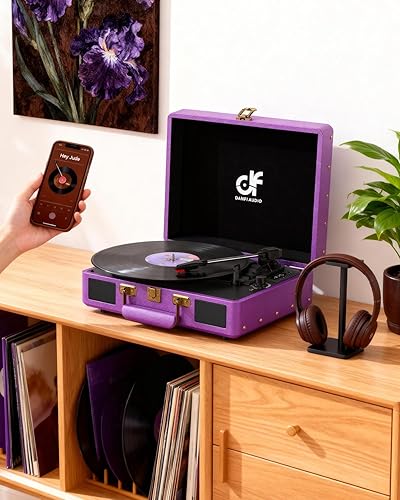 Miniatura 4 de Tocadiscos de maleta con Bluetooth vintage con altavoces integrados, tocadiscos portátil de 3 velocidades con grabadora de audio de vinilo USB
