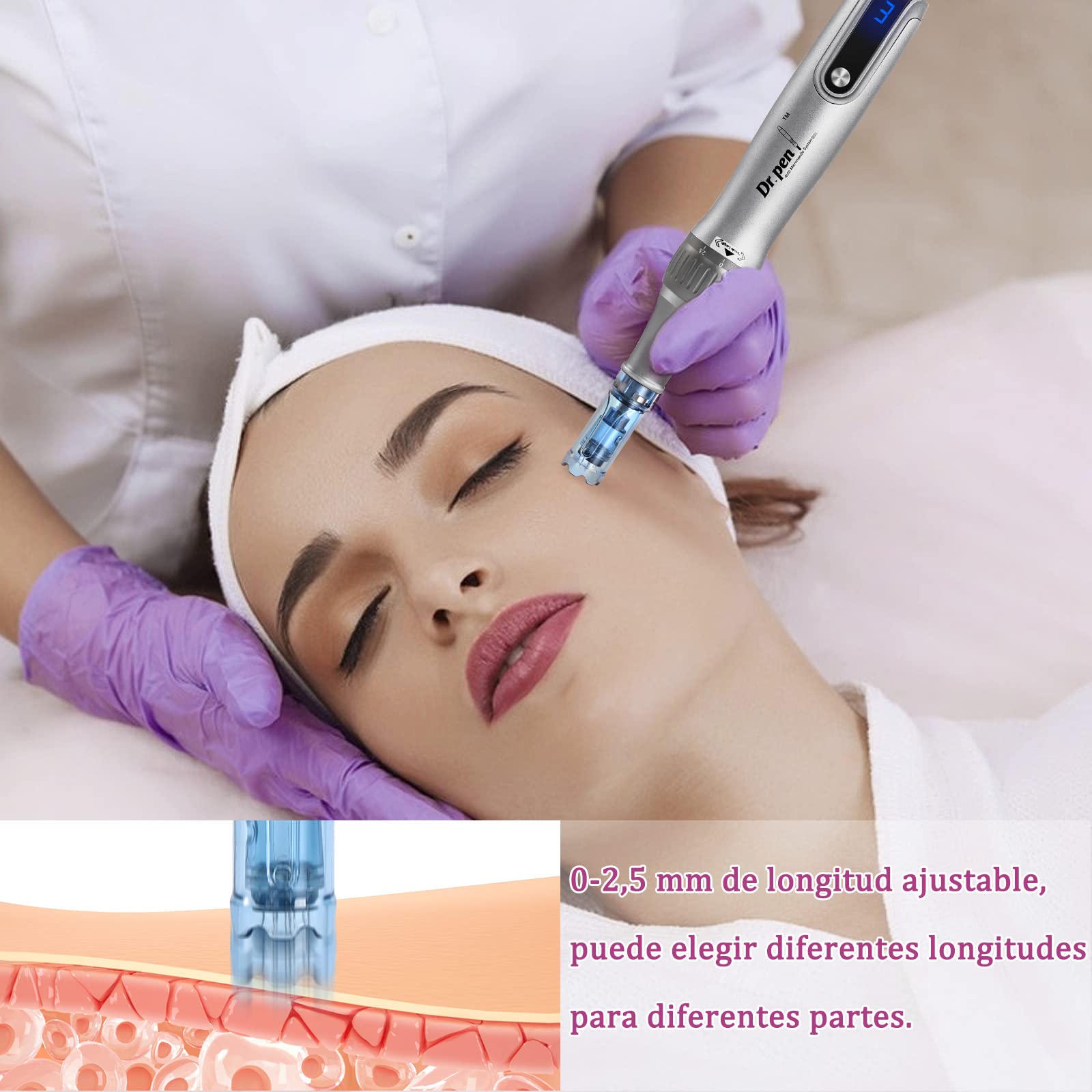 Dr.Pen M8S, microneedling pen con 6 x Cartuchos(3 x 12 Pin+3 x 36Pin), dermapen facial profesional, Inalámbrico y 6 Niveles de Velocidad, 0-2,5mm Profundidad ajustable, Plata