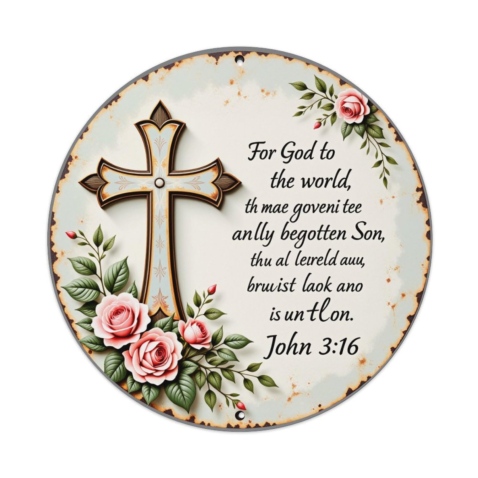 Cross Roses Leaves Scripture Text Round Tin Sign Vintage Style Metal Sign Home Bar Garden Wall Plaque Decor Metal Poster 8x8 Inch