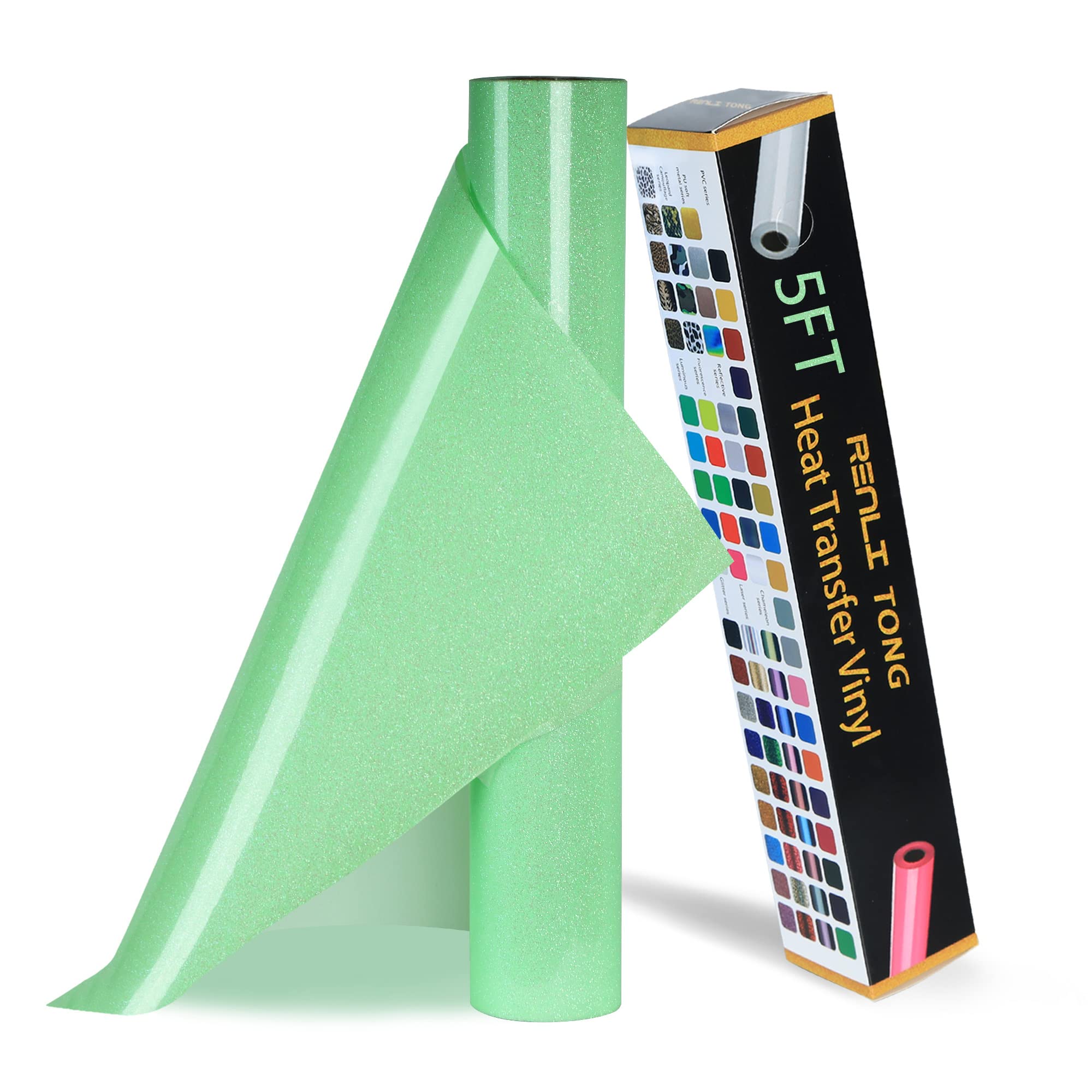 RENLITONG Light Green Iron on Vinyl - 12Inch by 5ft Roll HTV Heat Transfer Vinyl for T-Shirt HTV Rolls for All Cutter Machine - Easy to Cut &amp; Weed for Heat Transfer Design